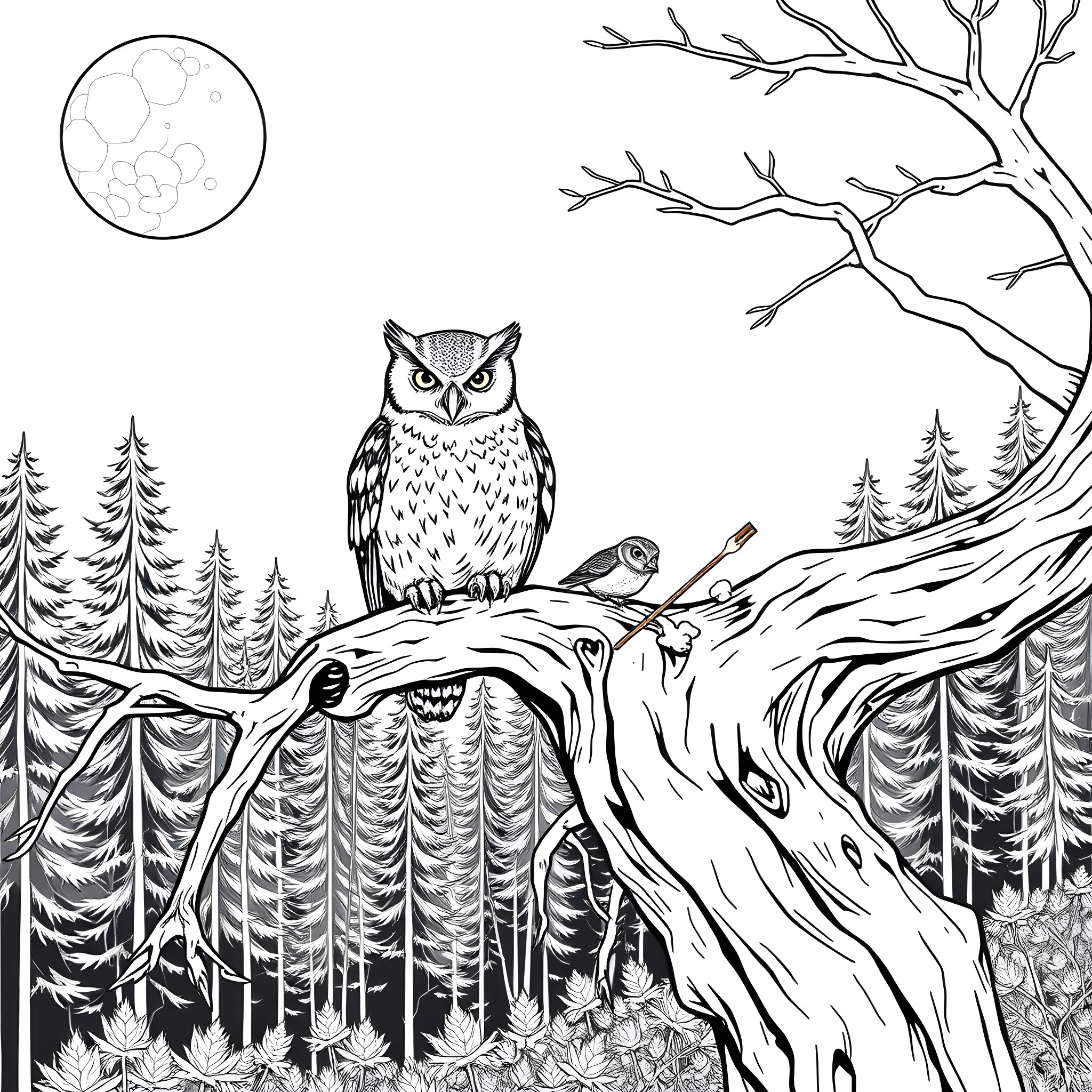 Owl in a Moonlit Forest Landscape Coloring Page (free black-and-white line drawing printable PDF for all, from beginners to advanced learners, including children, teens, adults, and seniors)