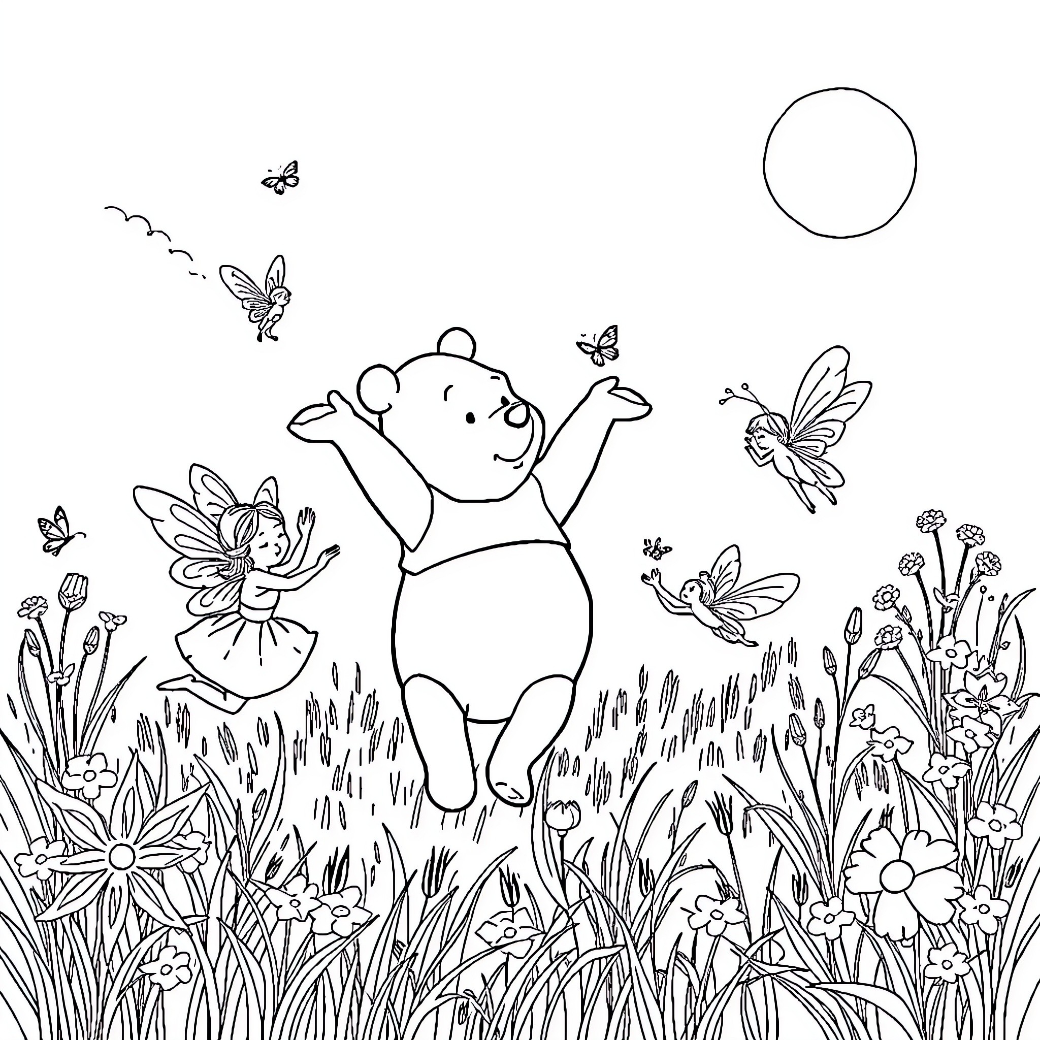 Fairy friends explore a whimsical garden Coloring Page (free black-and-white line drawing printable PDF for all, from beginners to advanced learners, including children, teens, adults, and seniors)