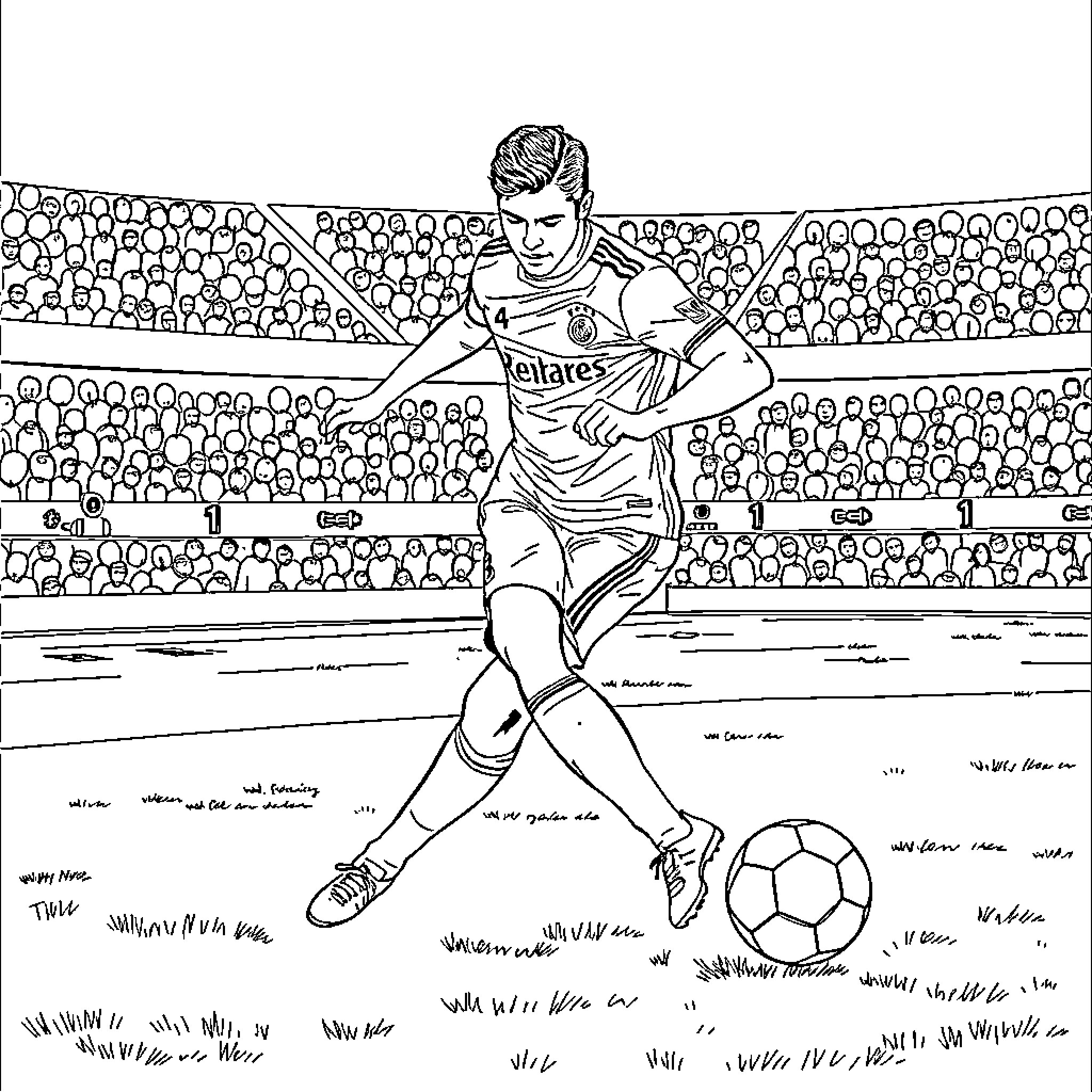 Ronaldo in action on the soccer field Coloring Page (free black-and-white line drawing printable PDF for all, from beginners to advanced learners, including children, teens, adults, and seniors)