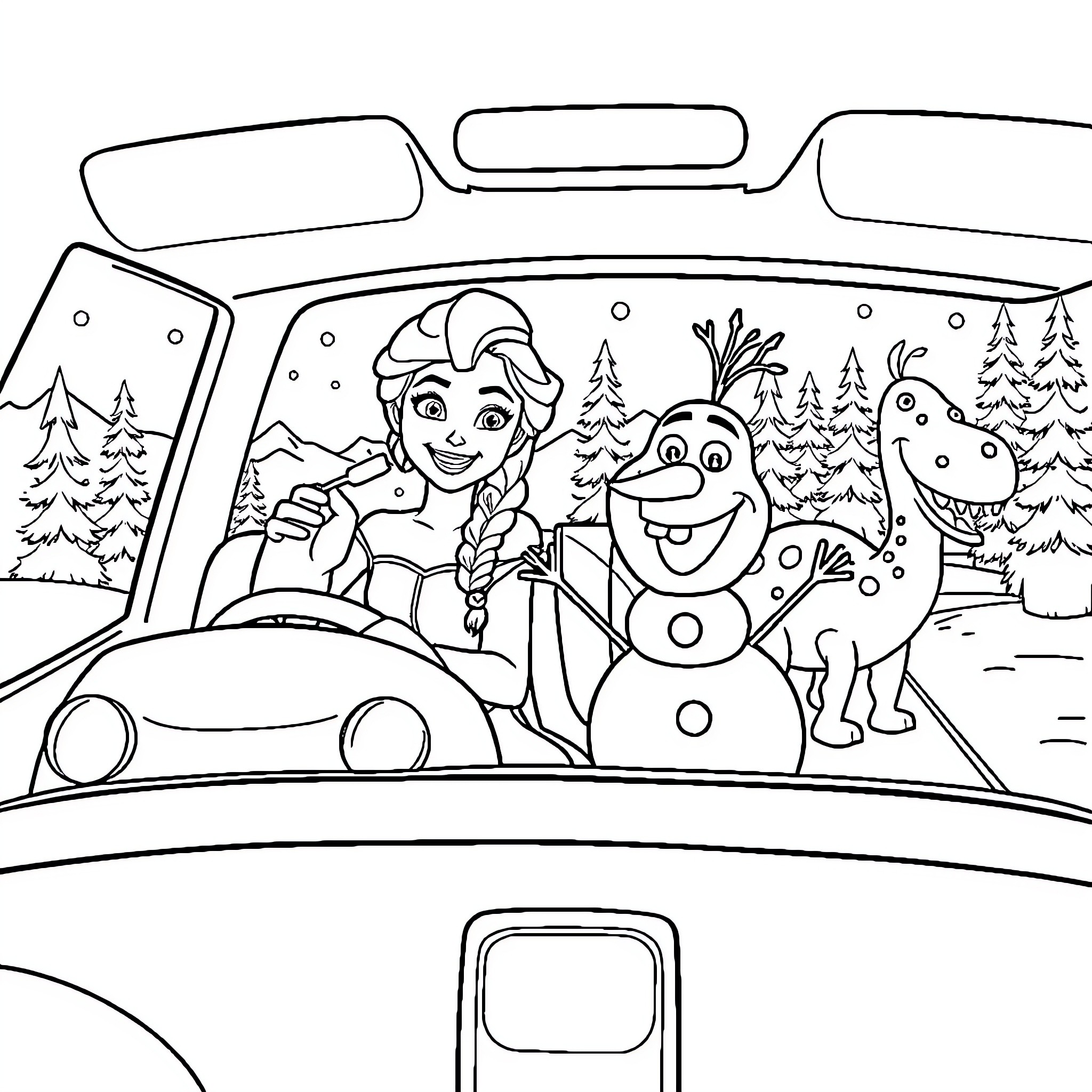 Elsa's Snowy Adventure with Olaf and Friends Coloring Page (free black-and-white line drawing printable PDF for all, from beginners to advanced learners, including children, teens, adults, and seniors)