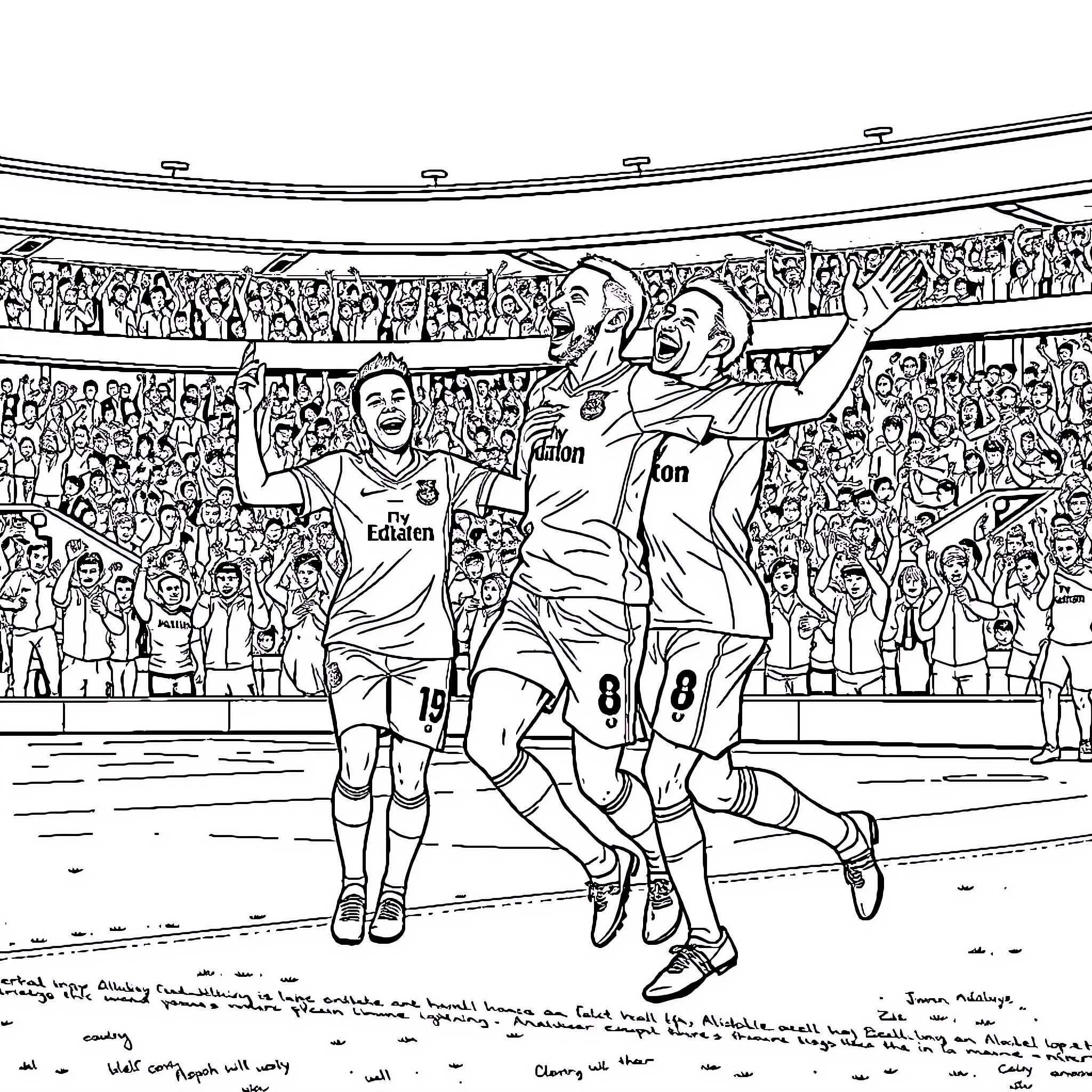 Illiman Ndiaye celebrating with teammates on the pitch Coloring Page (free black-and-white line drawing printable PDF for all, from beginners to advanced learners, including children, teens, adults, and seniors)