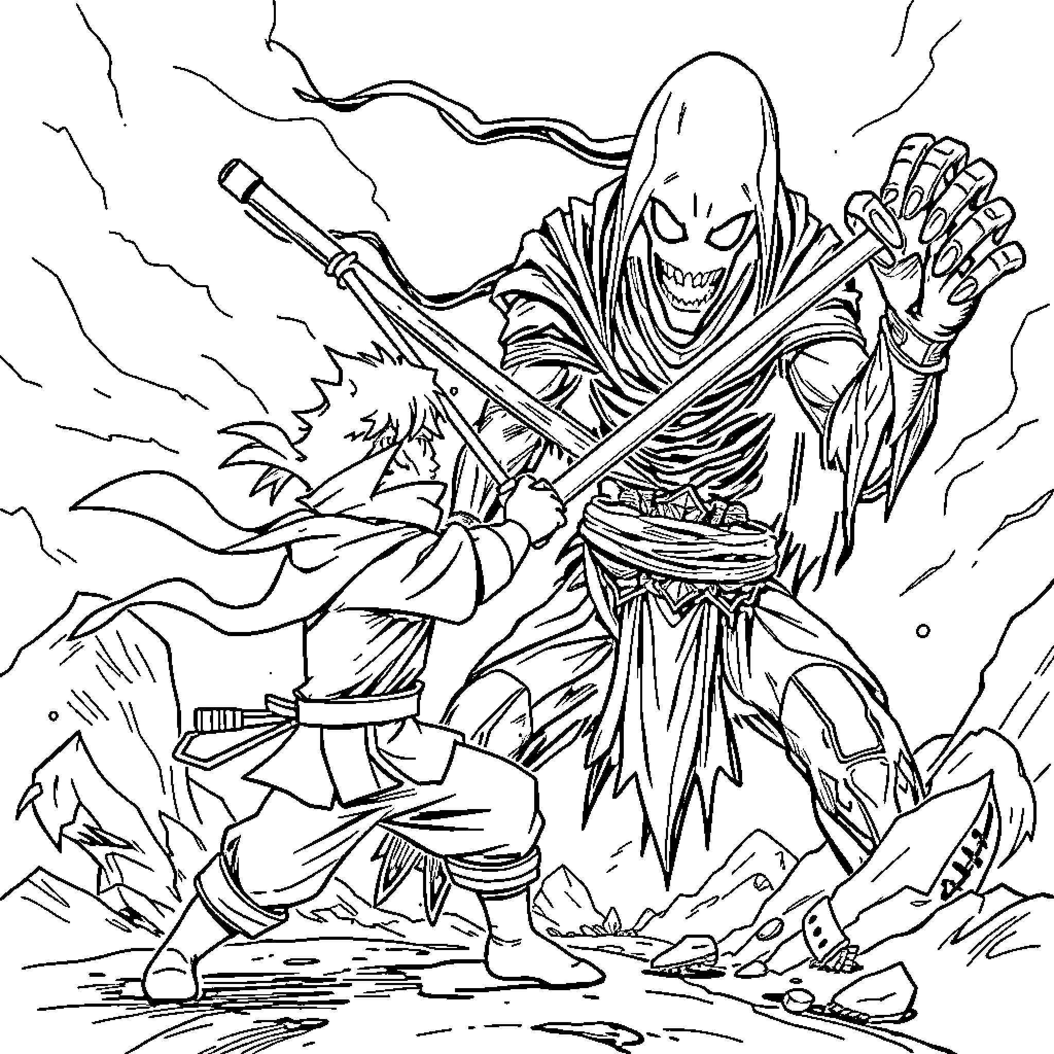 Ninja warrior unleashes devastating attack Coloring Page (free black-and-white line drawing printable PDF for all, from beginners to advanced learners, including children, teens, adults, and seniors)