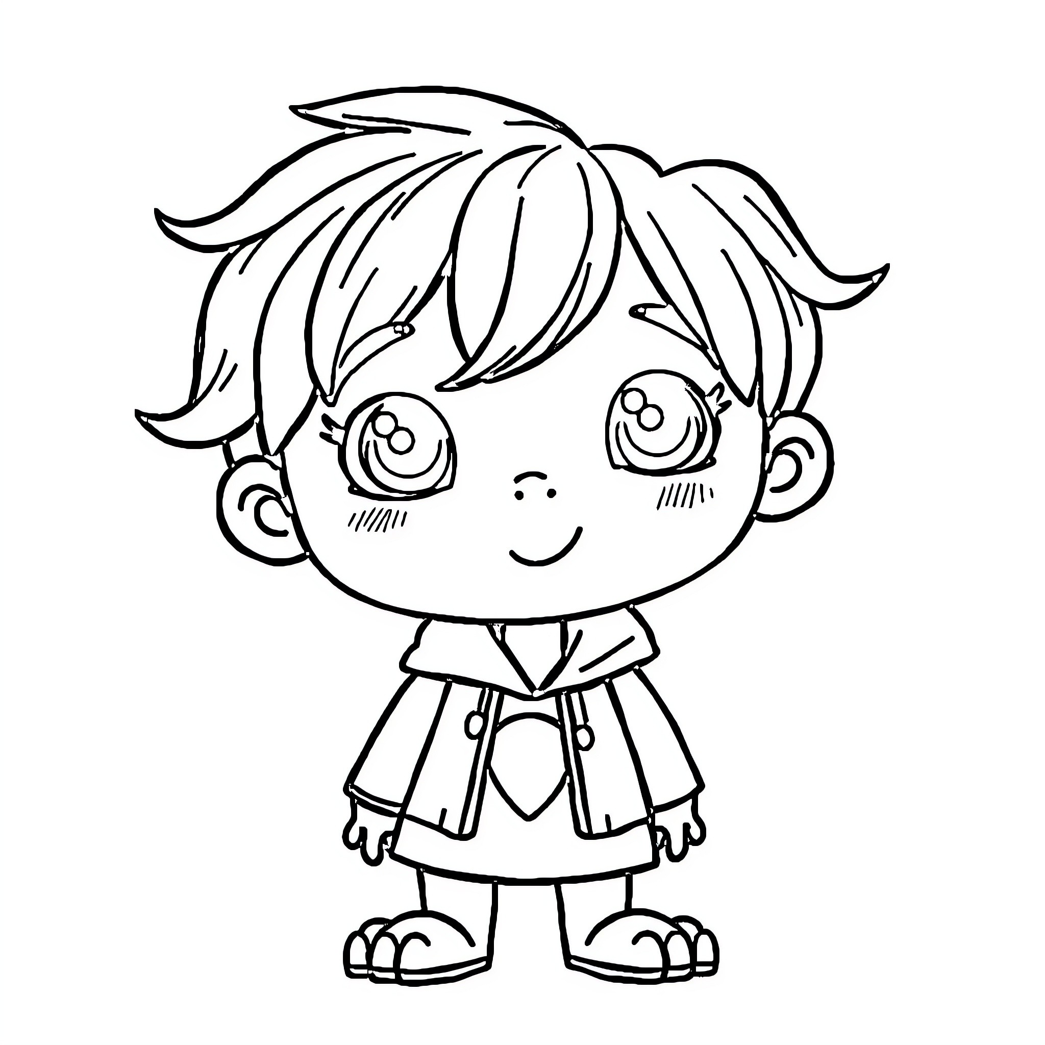 Child in cute school uniform with happy expression Coloring Page (free black-and-white line drawing printable PDF for all, from beginners to advanced learners, including children, teens, adults, and seniors)