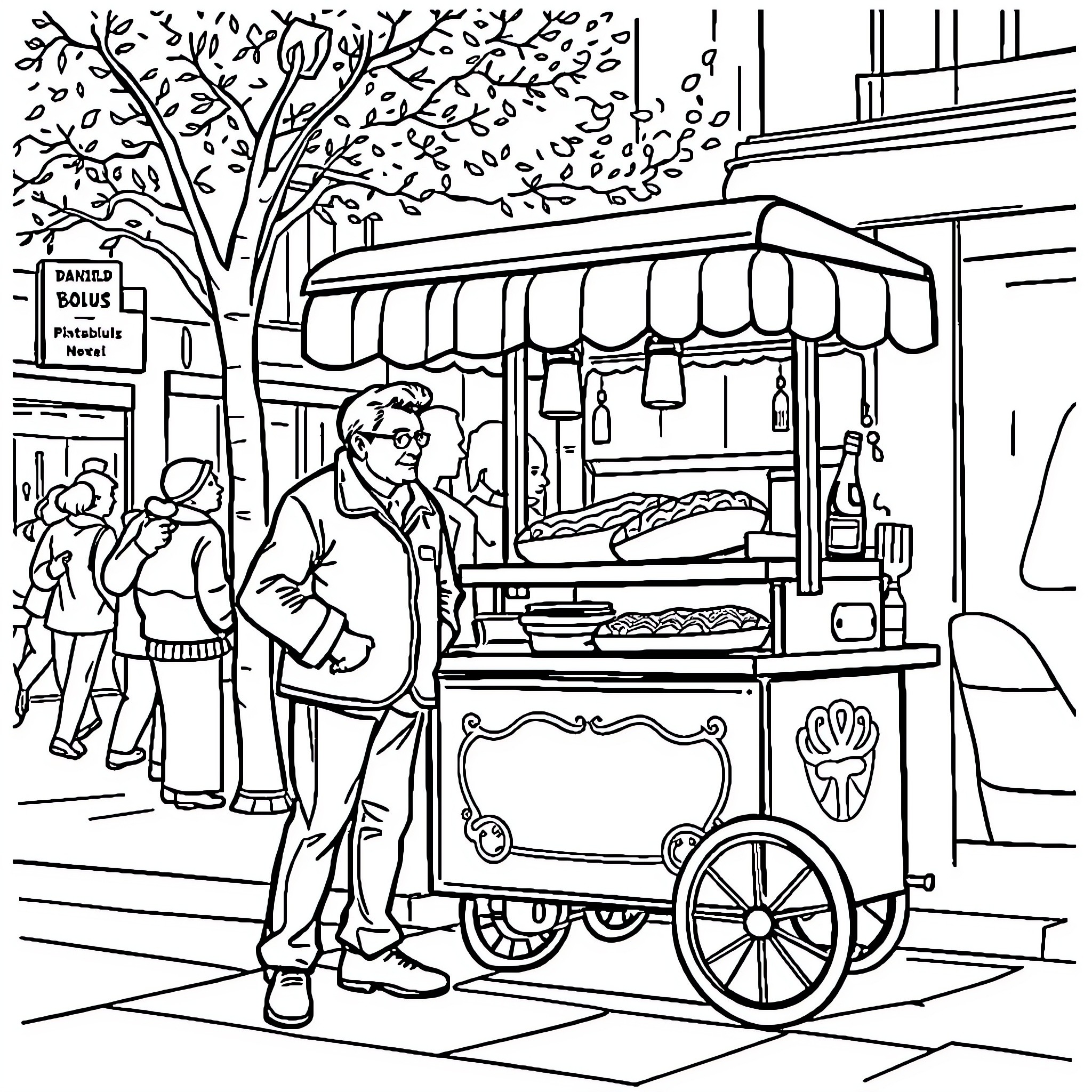 Hotdog vendor serving customers in a city street scene Coloring Page (free black-and-white line drawing printable PDF for all, from beginners to advanced learners, including children, teens, adults, and seniors)