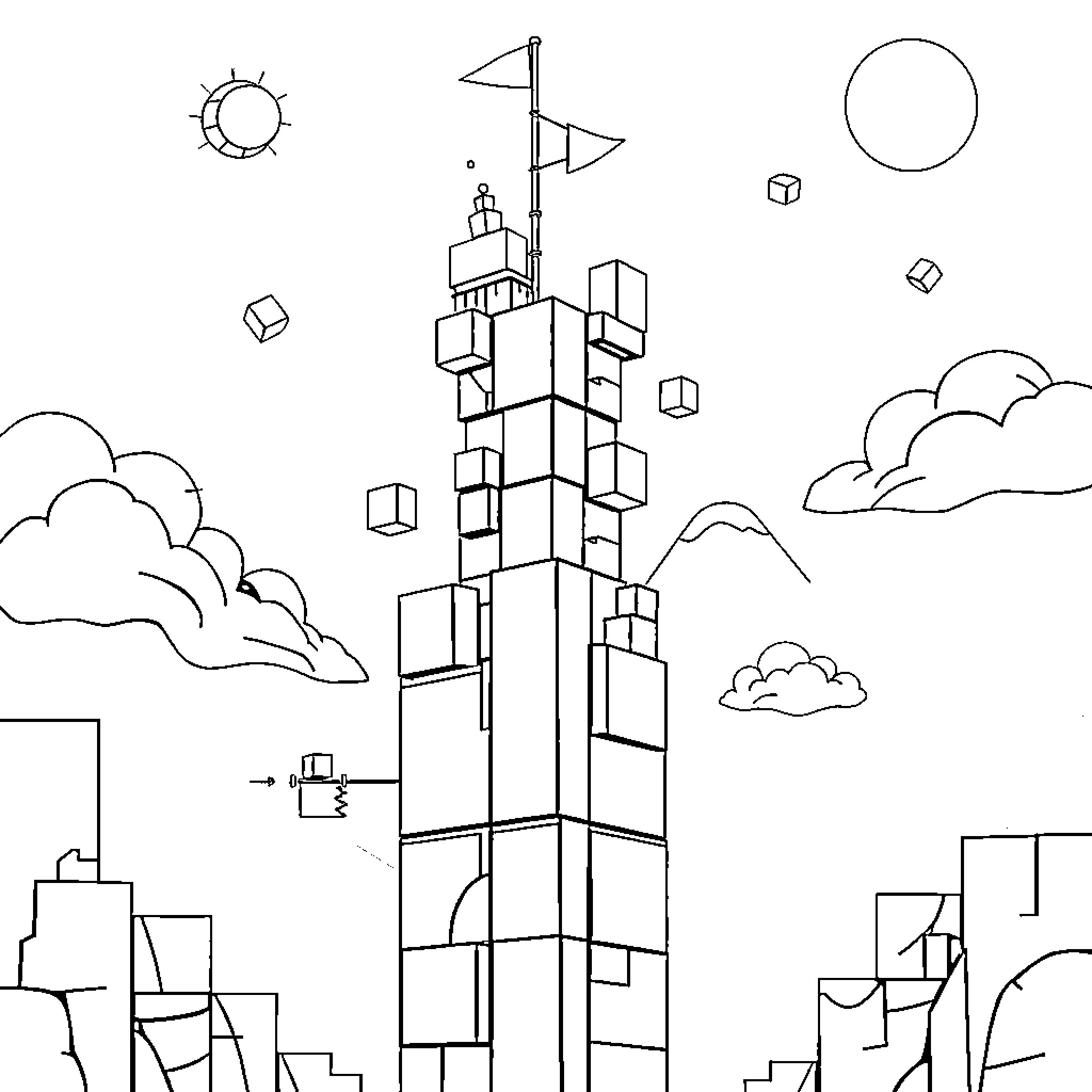 Tower of geometric shapes in the cityscape Coloring Page (free black-and-white line drawing printable PDF for all, from beginners to advanced learners, including children, teens, adults, and seniors)