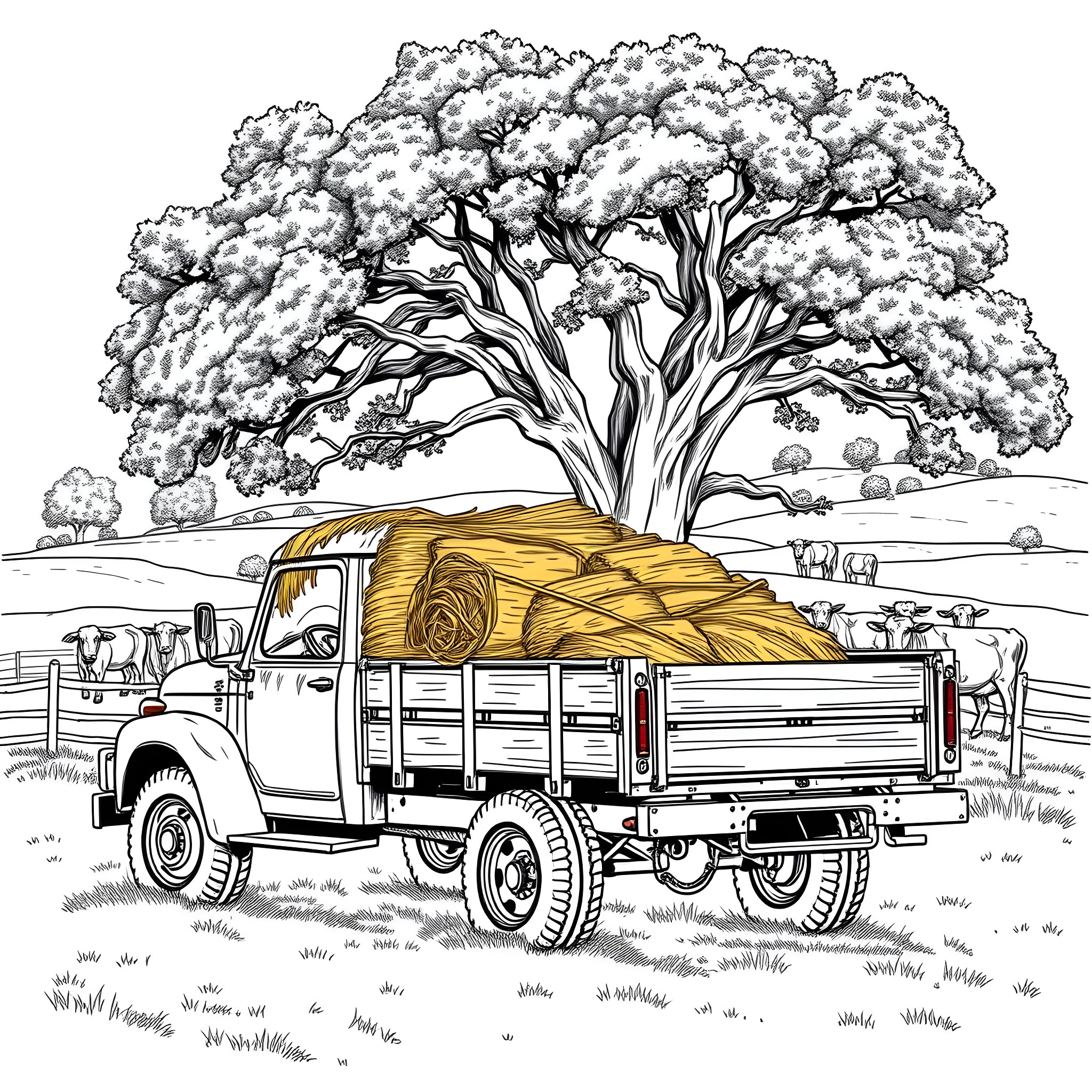 Hay Truck Hauling Bales Under a Sprawling Tree Coloring Page (free black-and-white line drawing printable PDF for all, from beginners to advanced learners, including children, teens, adults, and seniors)