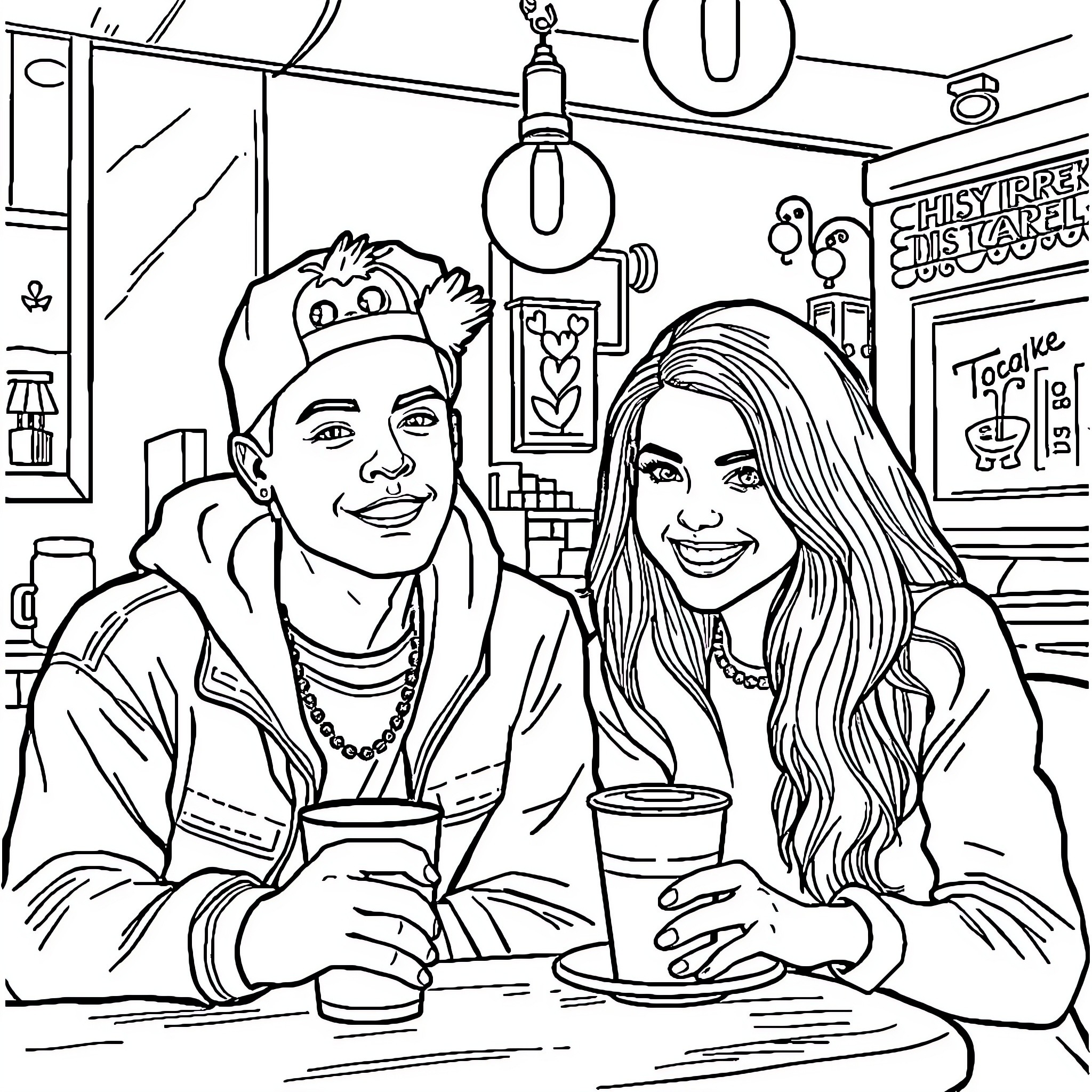 Justin Bieber and friend enjoy coffee in cozy cafe Coloring Page (free black-and-white line drawing printable PDF for all, from beginners to advanced learners, including children, teens, adults, and seniors)