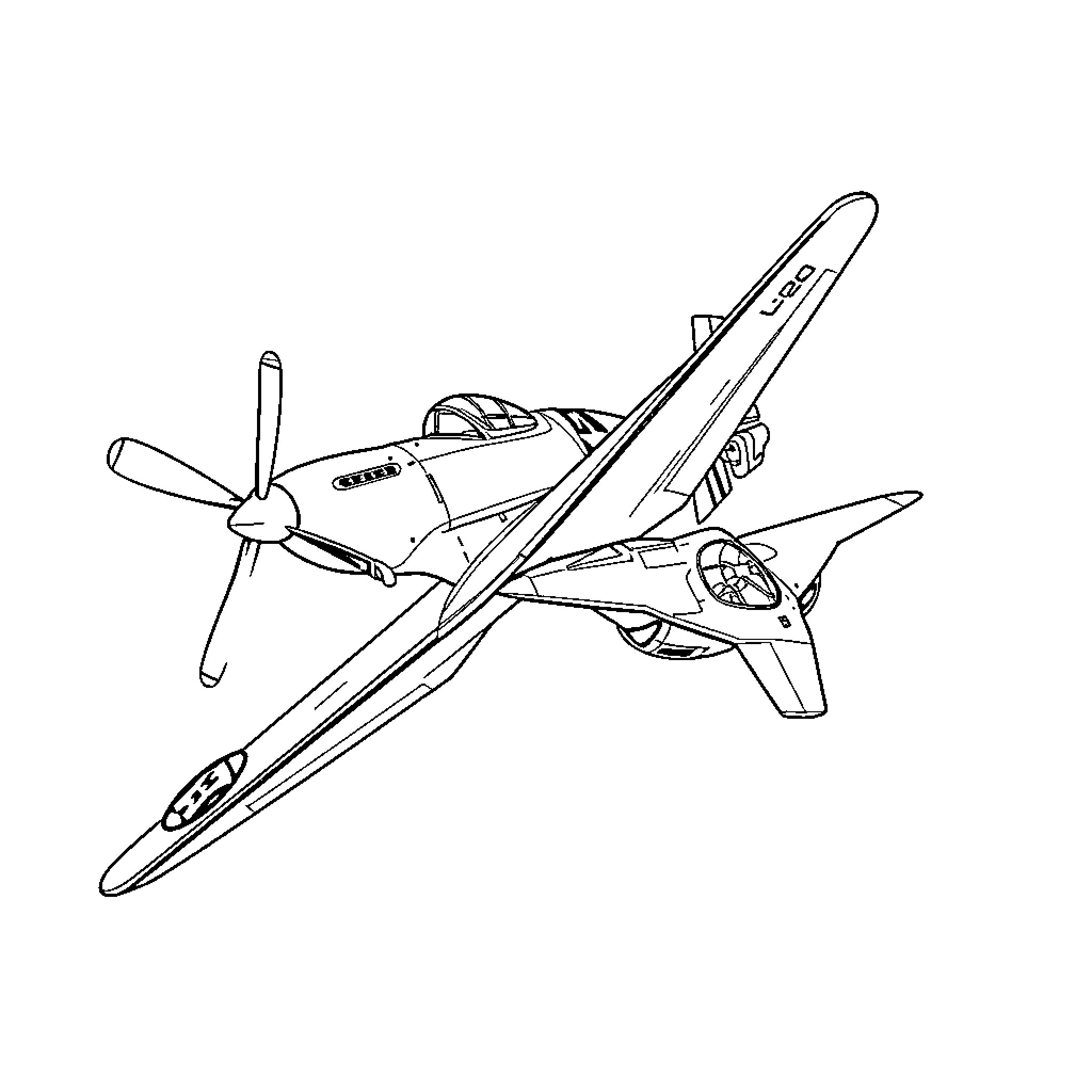 Aircraft flying with propeller in motion Coloring Page (free black-and-white line drawing printable PDF for all, from beginners to advanced learners, including children, teens, adults, and seniors)
