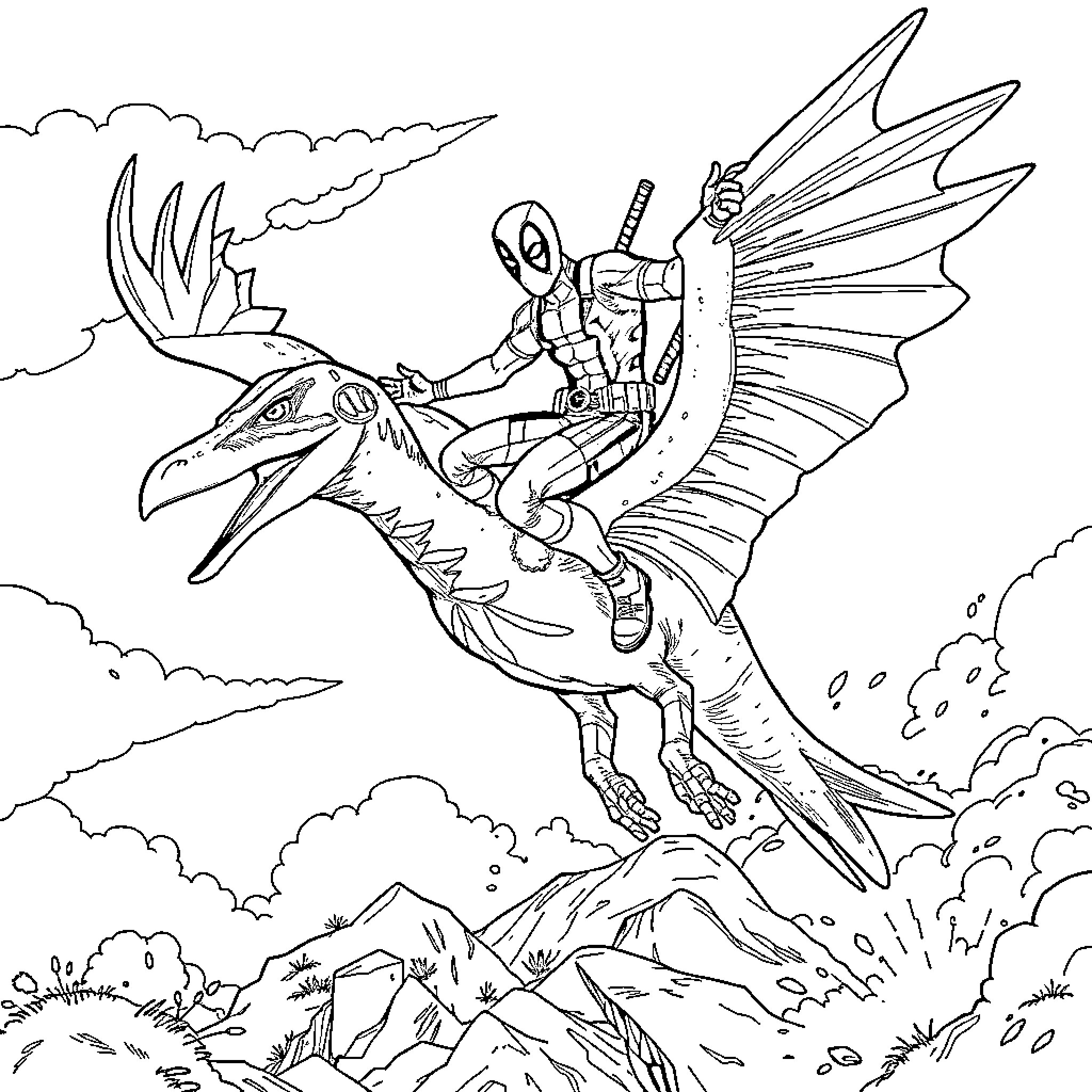 Deadpool riding a fantastical creature through the skies Coloring Page (free black-and-white line drawing printable PDF for all, from beginners to advanced learners, including children, teens, adults, and seniors)
