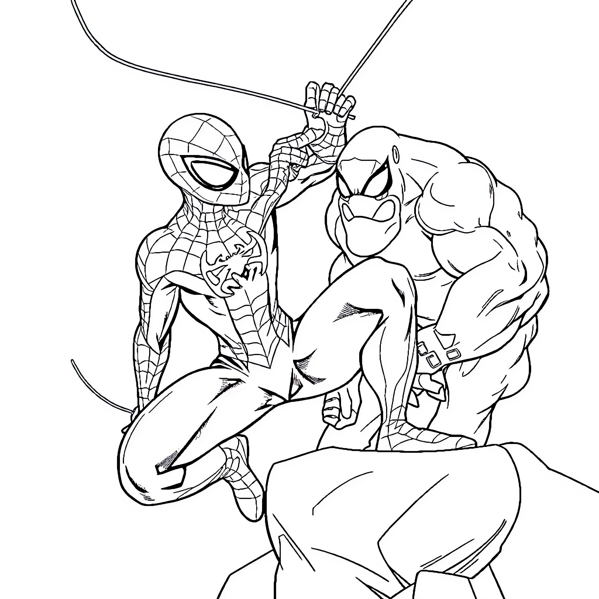 Spider-Man fighting a muscular villain Coloring Page (free black-and-white line drawing printable PDF for all, from beginners to advanced learners, including children, teens, adults, and seniors)
