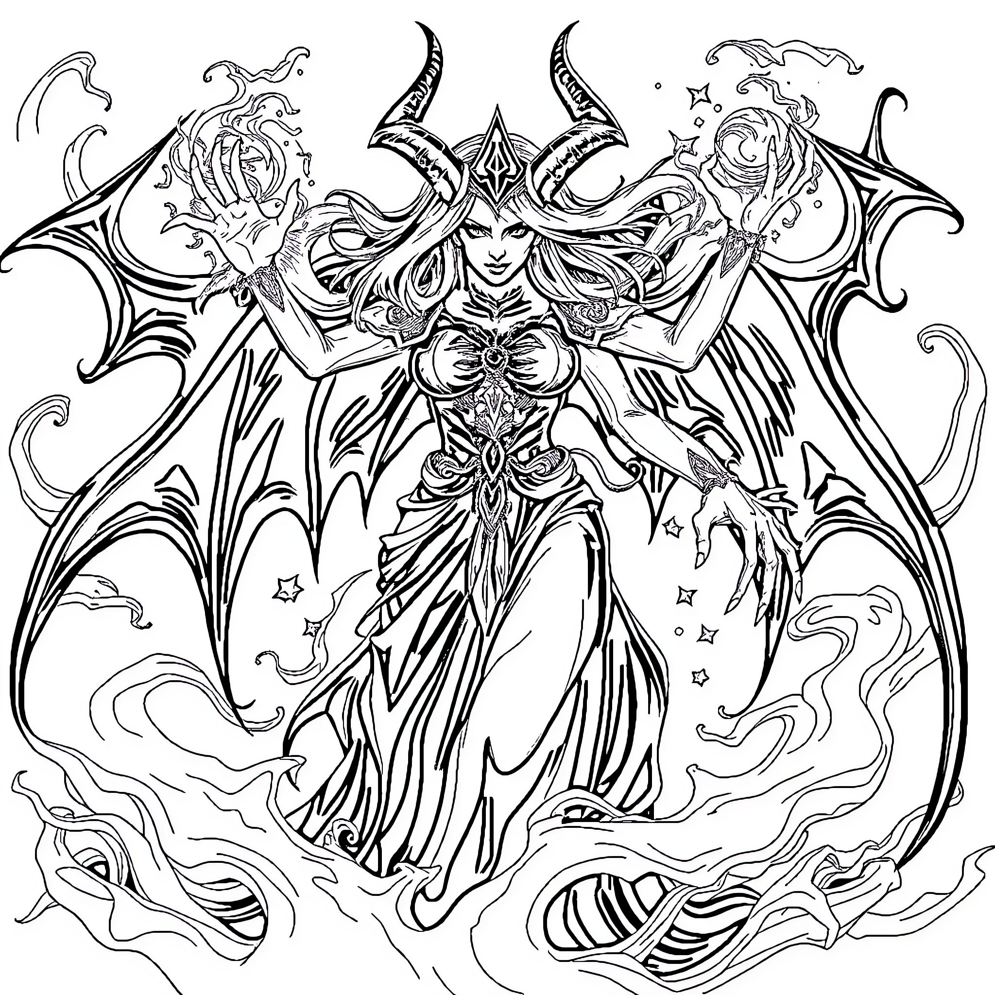 Goddess of Mystical Power and Enchantment Coloring Page (free black-and-white line drawing printable PDF for all, from beginners to advanced learners, including children, teens, adults, and seniors)