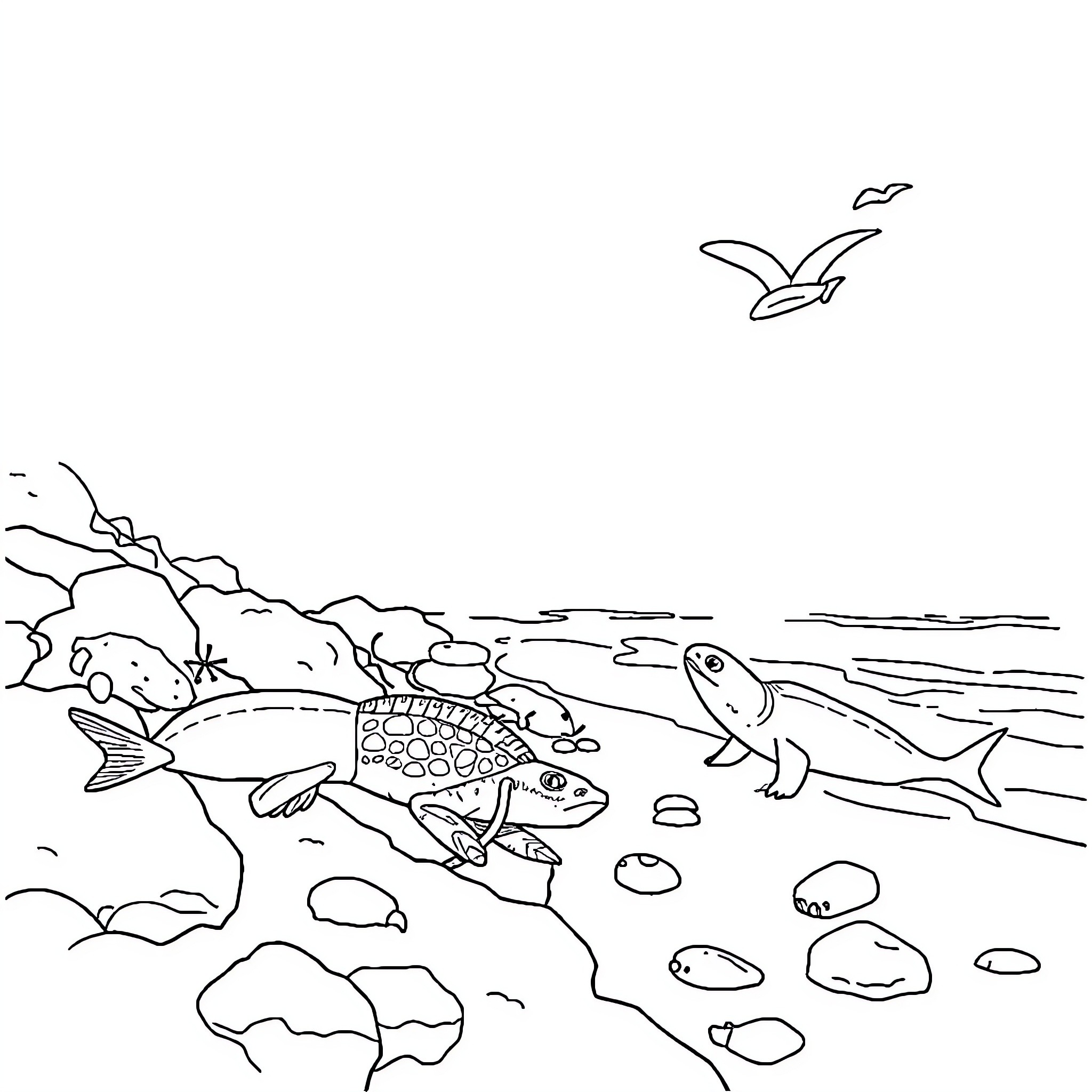 Creature swimming near rocky shore Coloring Page (free black-and-white line drawing printable PDF for all, from beginners to advanced learners, including children, teens, adults, and seniors)