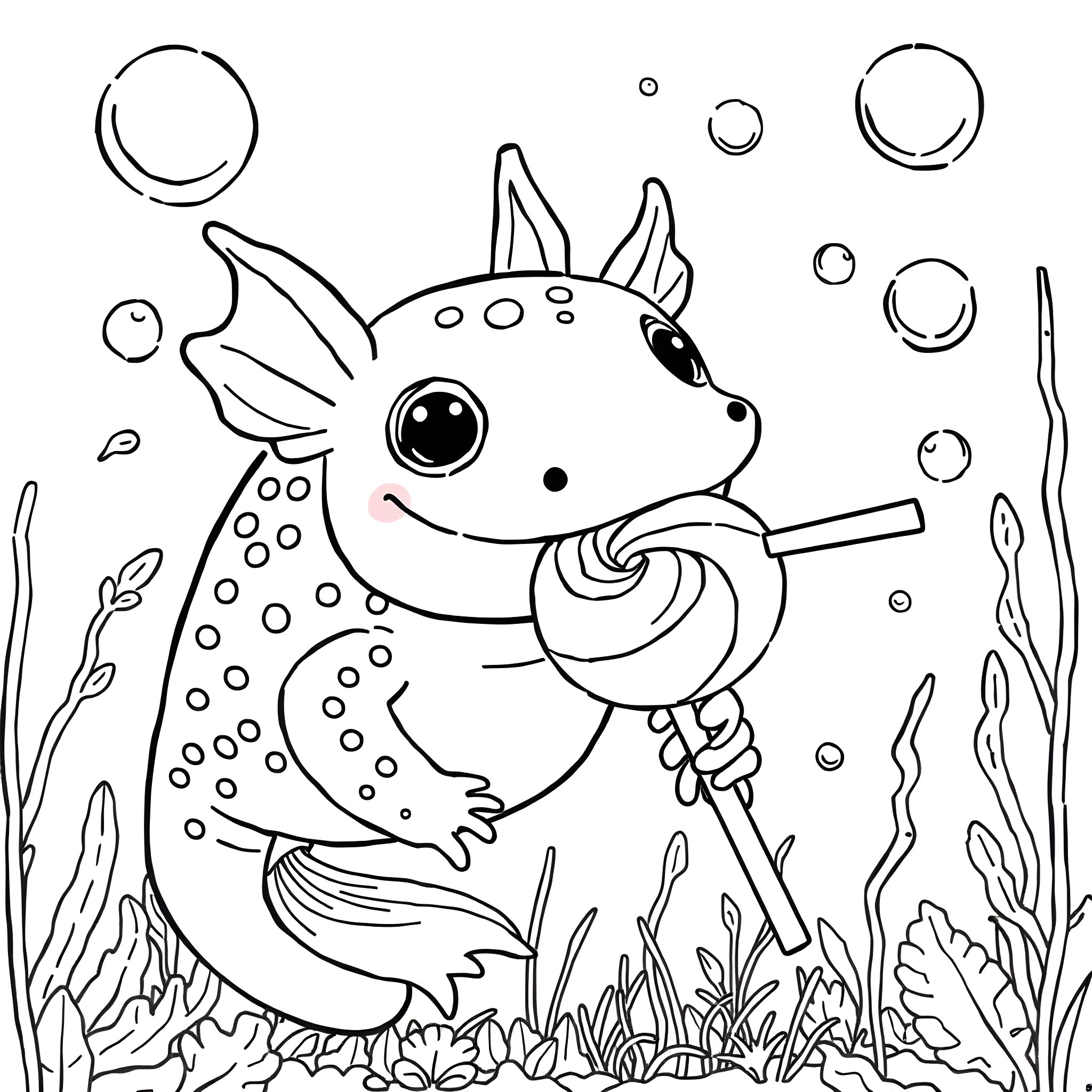 Axolotl playing with bubbles in the underwater garden Coloring Page (free black-and-white line drawing printable PDF for all, from beginners to advanced learners, including children, teens, adults, and seniors)