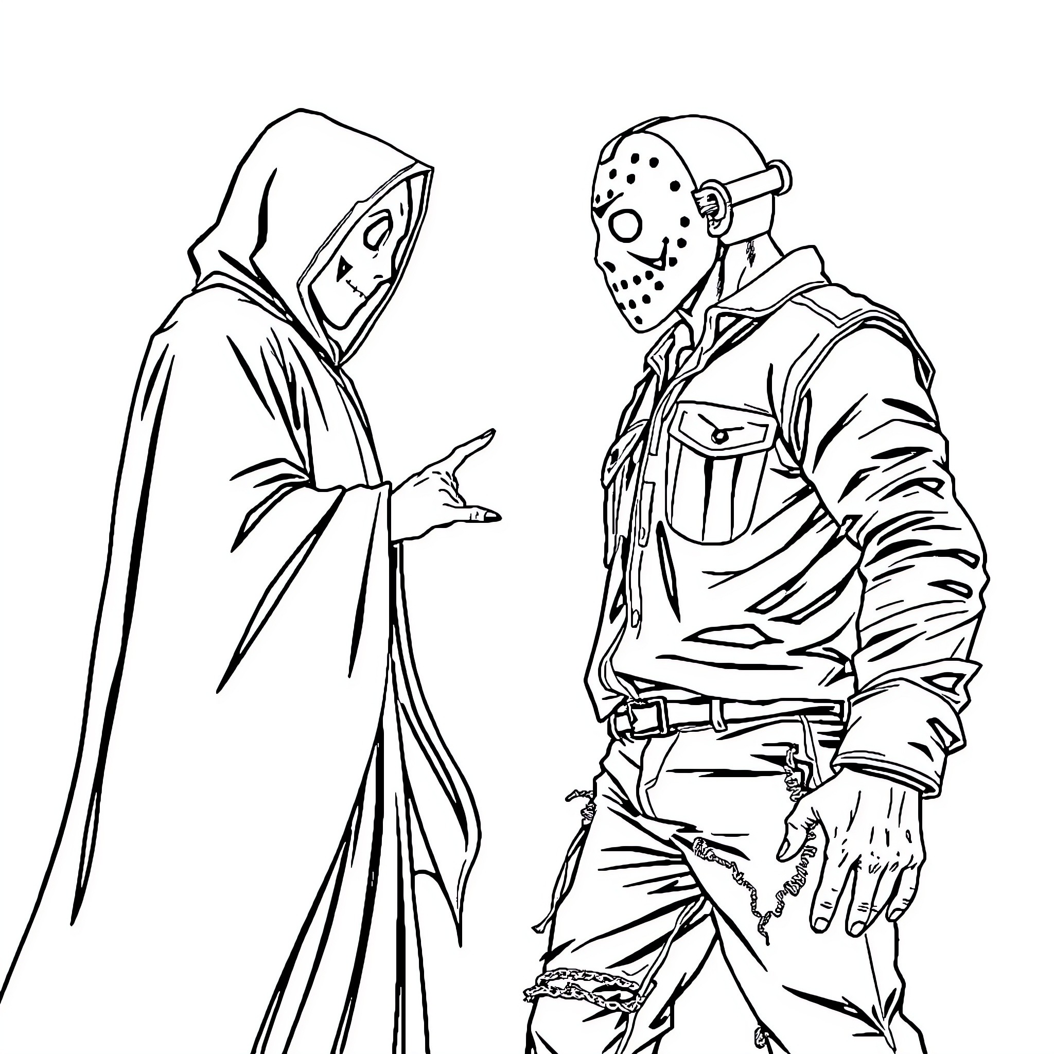 Ghost Face Villains in Confrontation Coloring Page (free black-and-white line drawing printable PDF for all, from beginners to advanced learners, including children, teens, adults, and seniors)