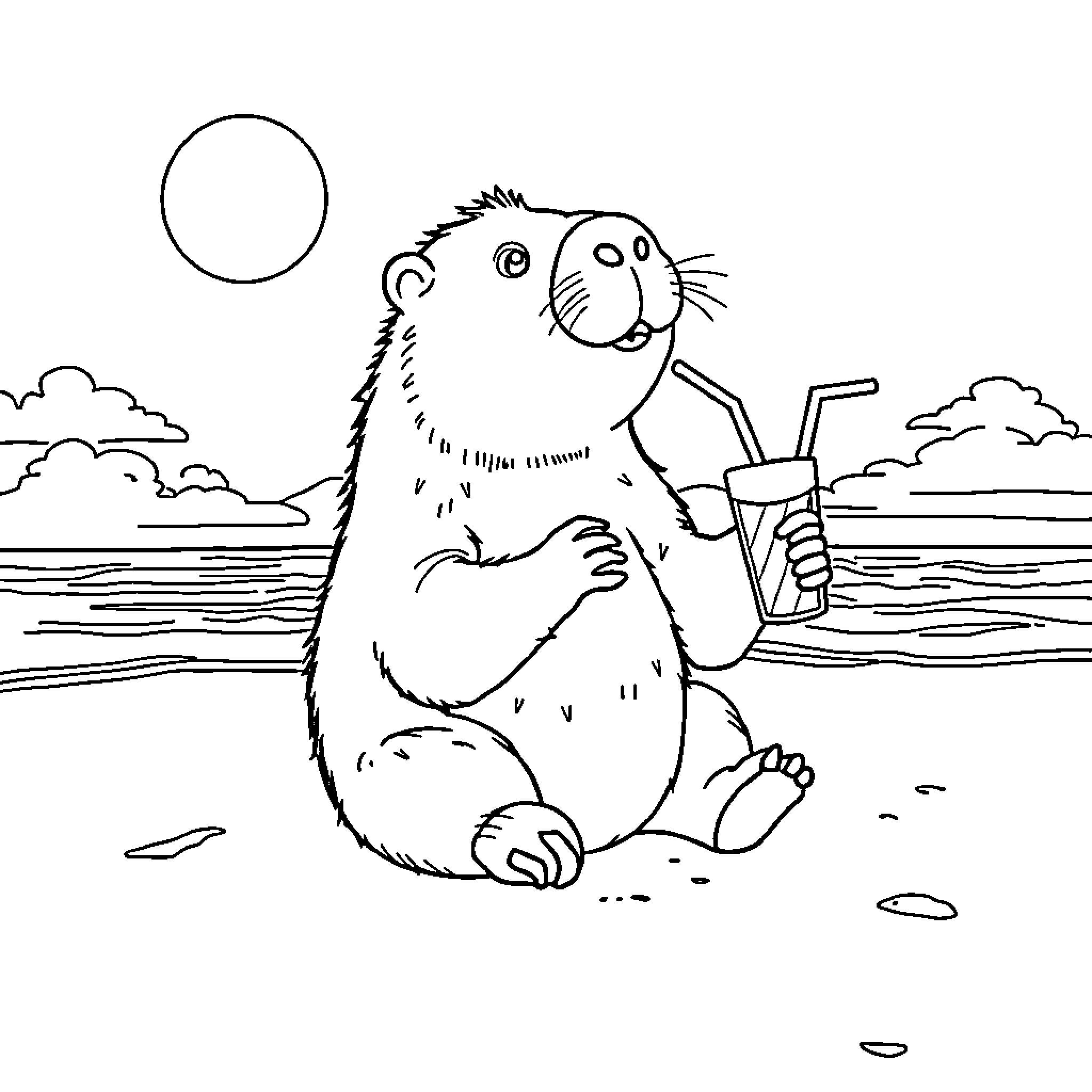 Capybara enjoying a refreshing beverage by the water Coloring Page (free black-and-white line drawing printable PDF for all, from beginners to advanced learners, including children, teens, adults, and seniors)