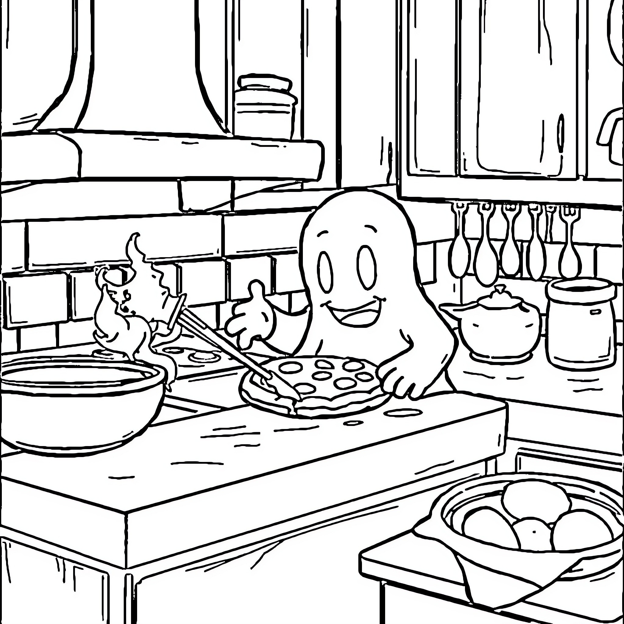 Ghost baking a tasty treat in the kitchen Coloring Page (free black-and-white line drawing printable PDF for all, from beginners to advanced learners, including children, teens, adults, and seniors)