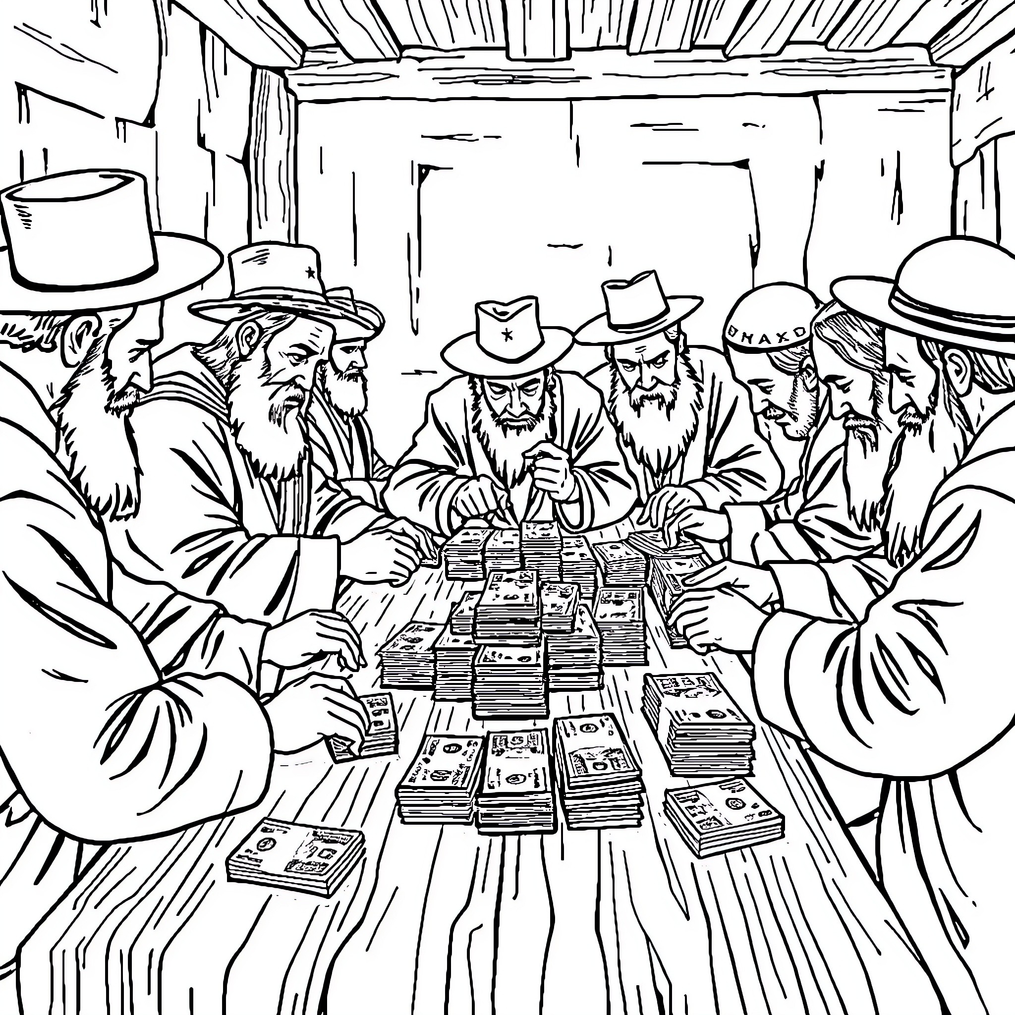 Jews Counting Money in a Cluttered Room Coloring Page (free black-and-white line drawing printable PDF for all, from beginners to advanced learners, including children, teens, adults, and seniors)