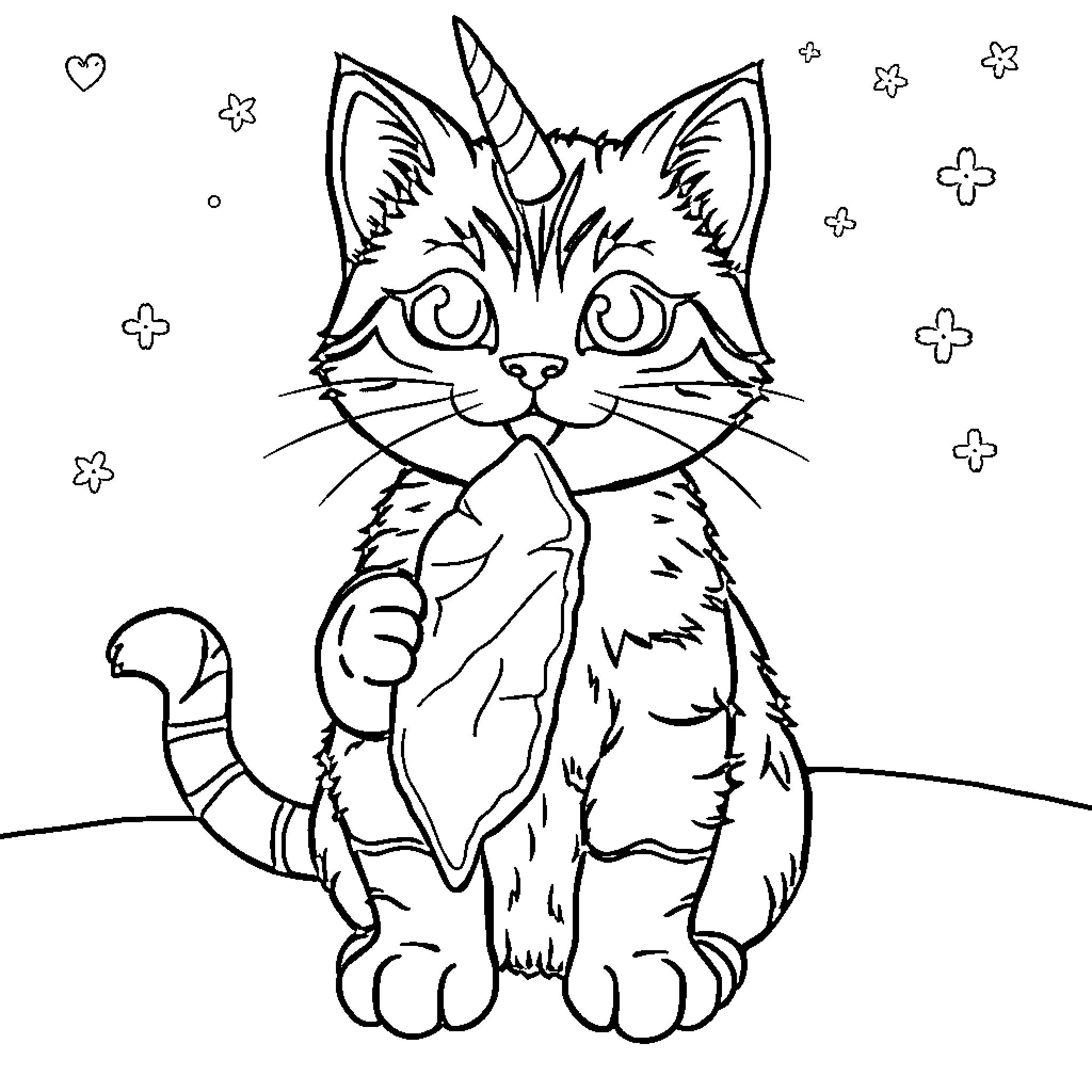 Unicorn Cat posing in a whimsical scene Coloring Page (free black-and-white line drawing printable PDF for all, from beginners to advanced learners, including children, teens, adults, and seniors)