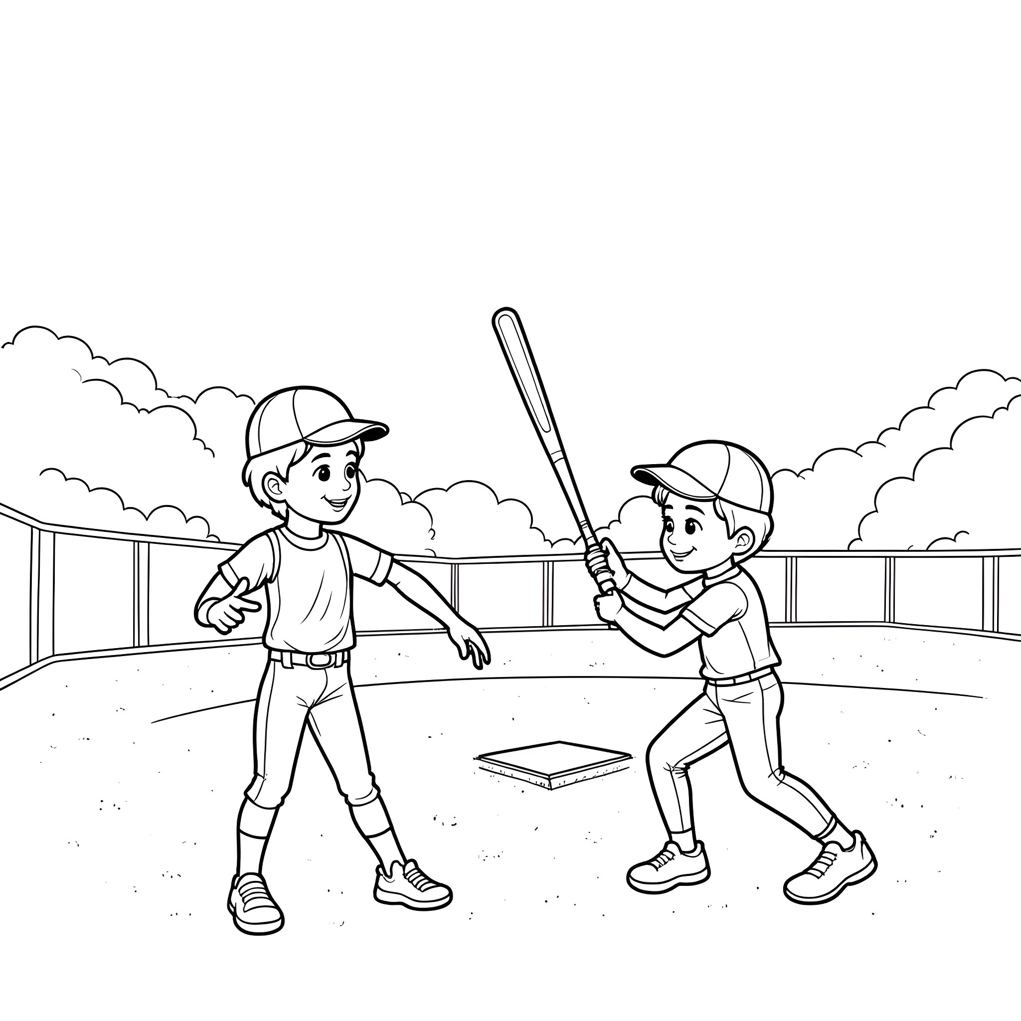 Kid baseball players practicing batting and fielding Coloring Page (free black-and-white line drawing printable PDF for all, from beginners to advanced learners, including children, teens, adults, and seniors)