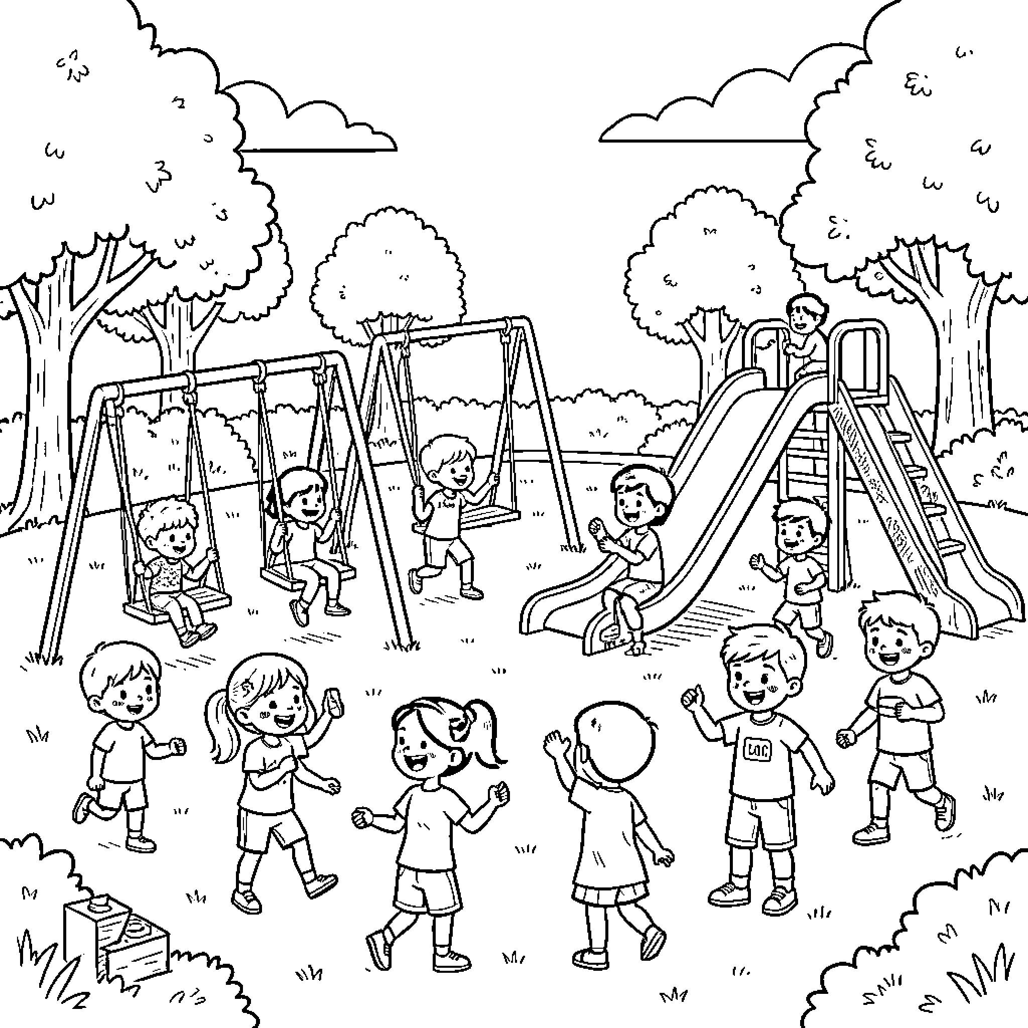 Class of children playing joyfully on playground equipment Coloring Page (free black-and-white line drawing printable PDF for all, from beginners to advanced learners, including children, teens, adults, and seniors)