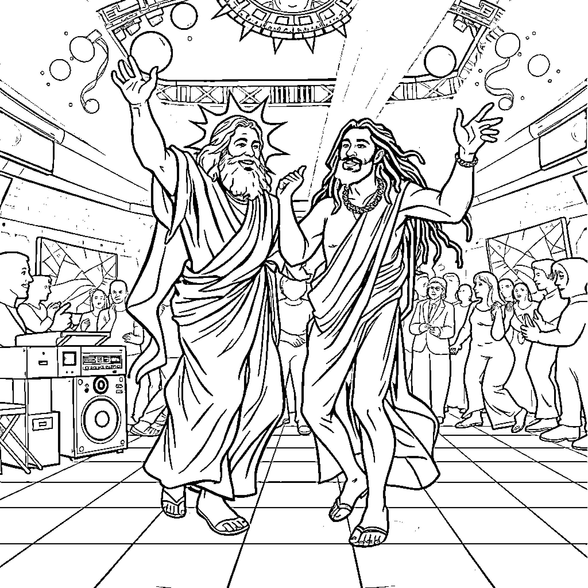 God's Joyful Celebration with Followers Coloring Page (free black-and-white line drawing printable PDF for all, from beginners to advanced learners, including children, teens, adults, and seniors)