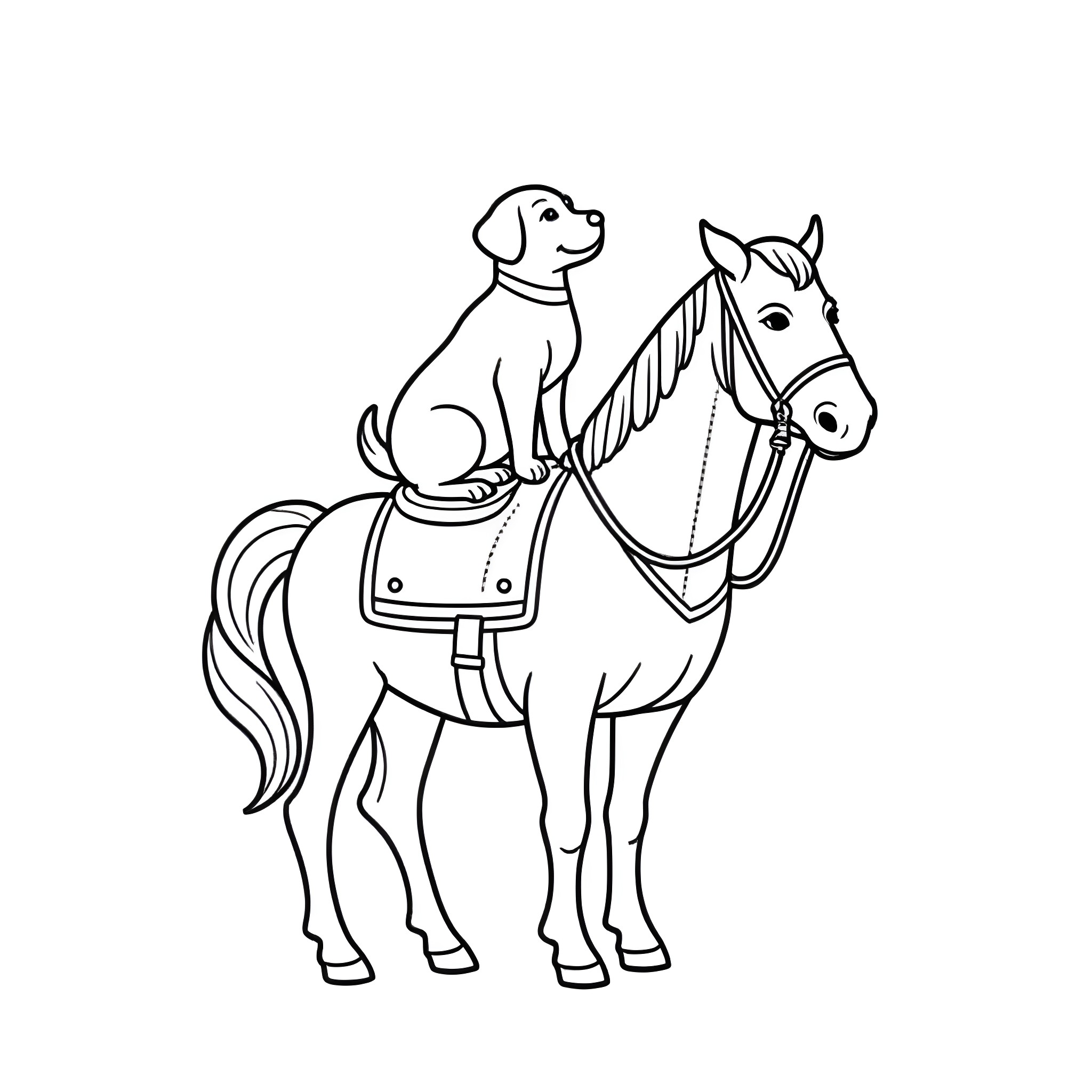 Dog riding happily on a horse Coloring Page (free black-and-white line drawing printable PDF for all, from beginners to advanced learners, including children, teens, adults, and seniors)