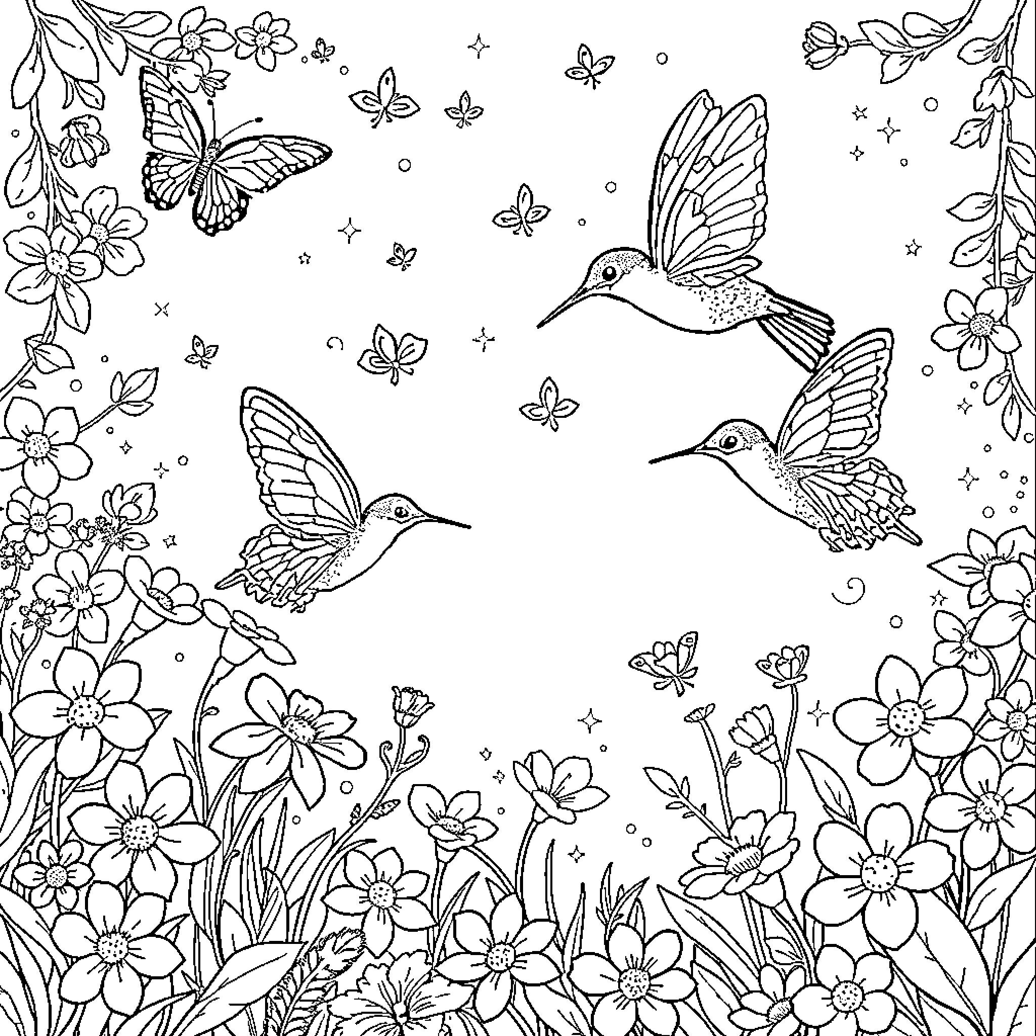 Butterfly Garden with Hummingbirds and Flowers Coloring Page (free black-and-white line drawing printable PDF for all, from beginners to advanced learners, including children, teens, adults, and seniors)