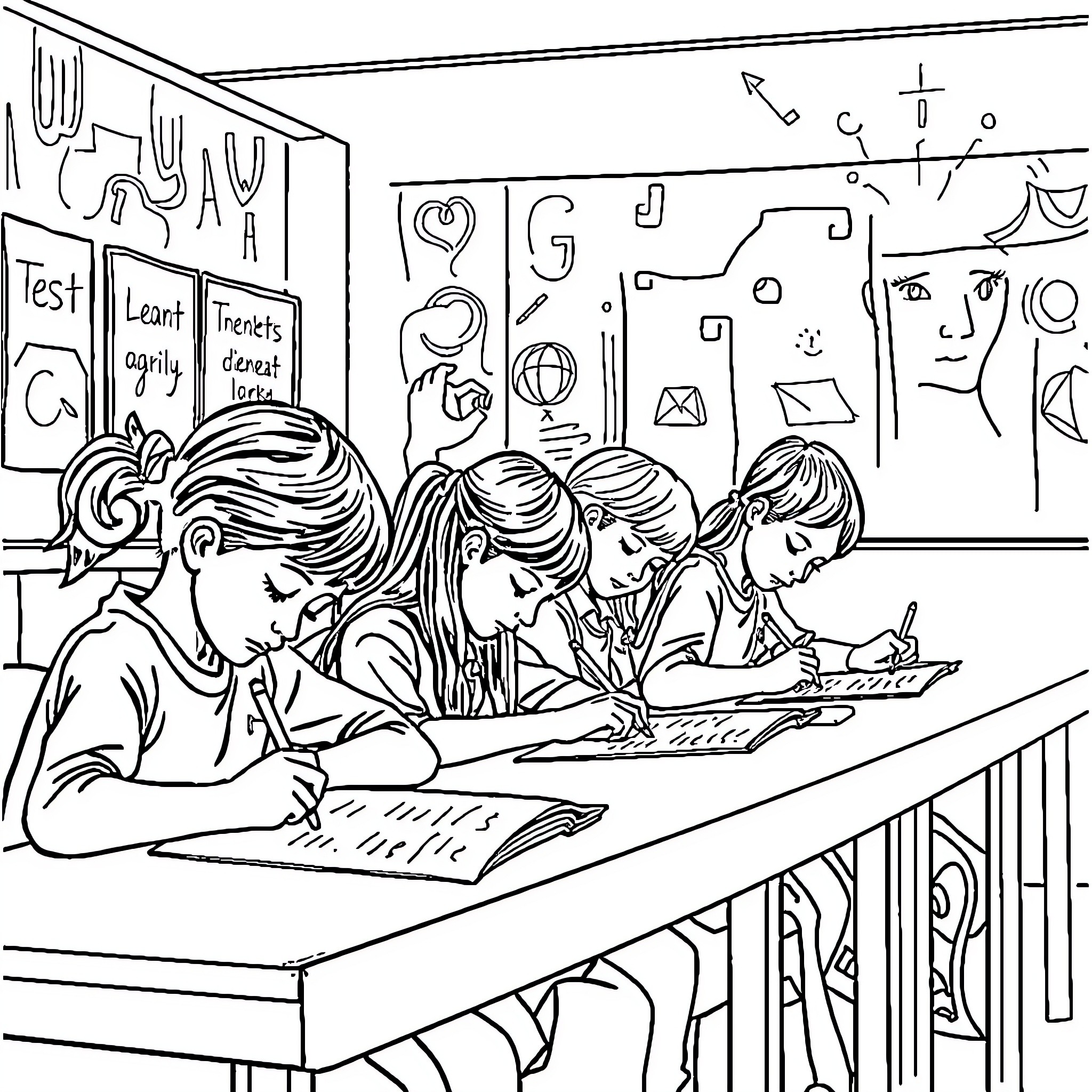 Gifted Education Students Engaged in Classroom Activities Coloring Page (free black-and-white line drawing printable PDF for all, from beginners to advanced learners, including children, teens, adults, and seniors)