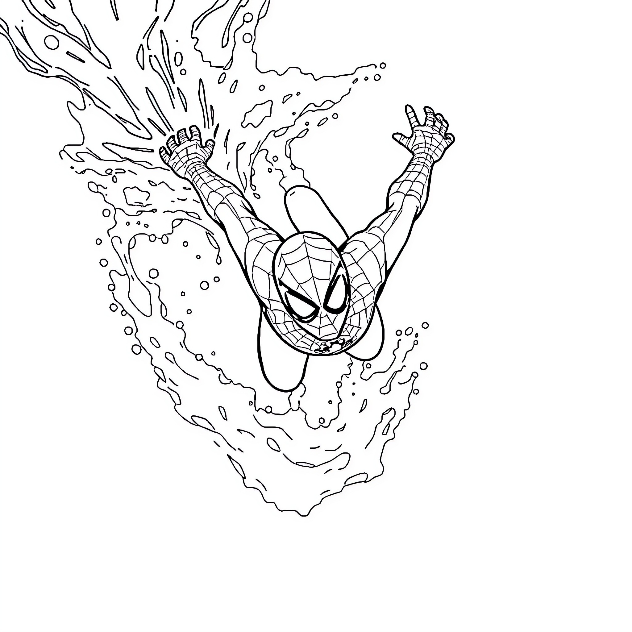 Spiderman swinging through the city with web Coloring Page (free black-and-white line drawing printable PDF for all, from beginners to advanced learners, including children, teens, adults, and seniors)