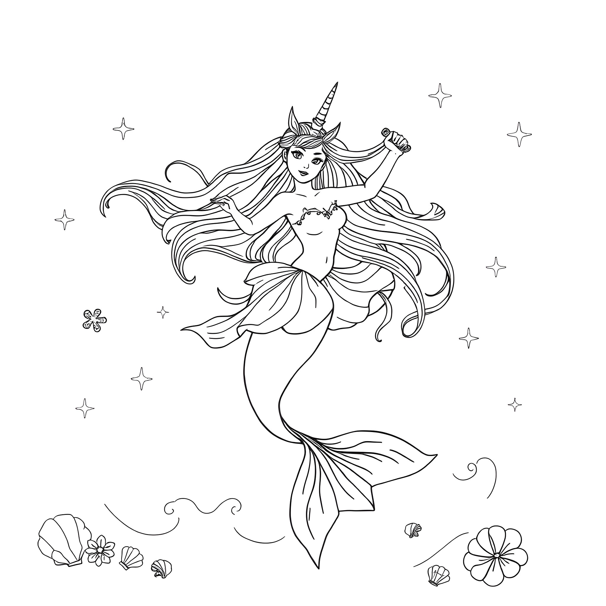 Mermaid Unicorn Enchantress Performing Magical Underwater Dance Coloring Page (free black-and-white line drawing printable PDF for all, from beginners to advanced learners, including children, teens, adults, and seniors)
