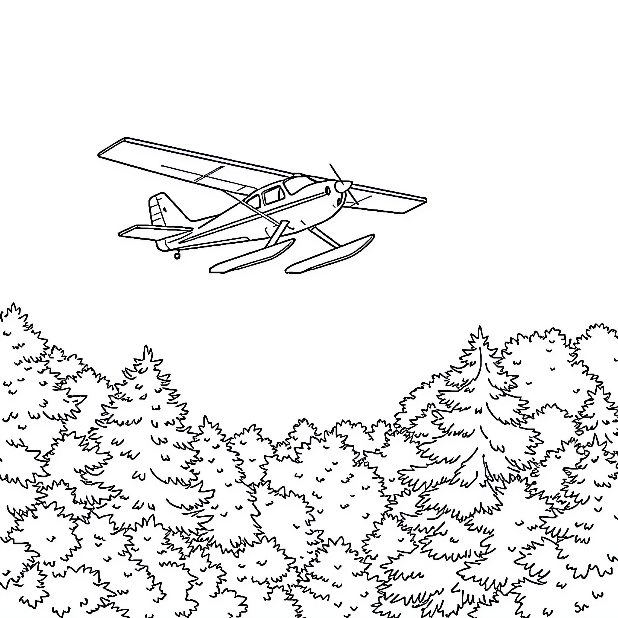 Floatplane flying over lush forest landscape Coloring Page (free black-and-white line drawing printable PDF for all, from beginners to advanced learners, including children, teens, adults, and seniors)