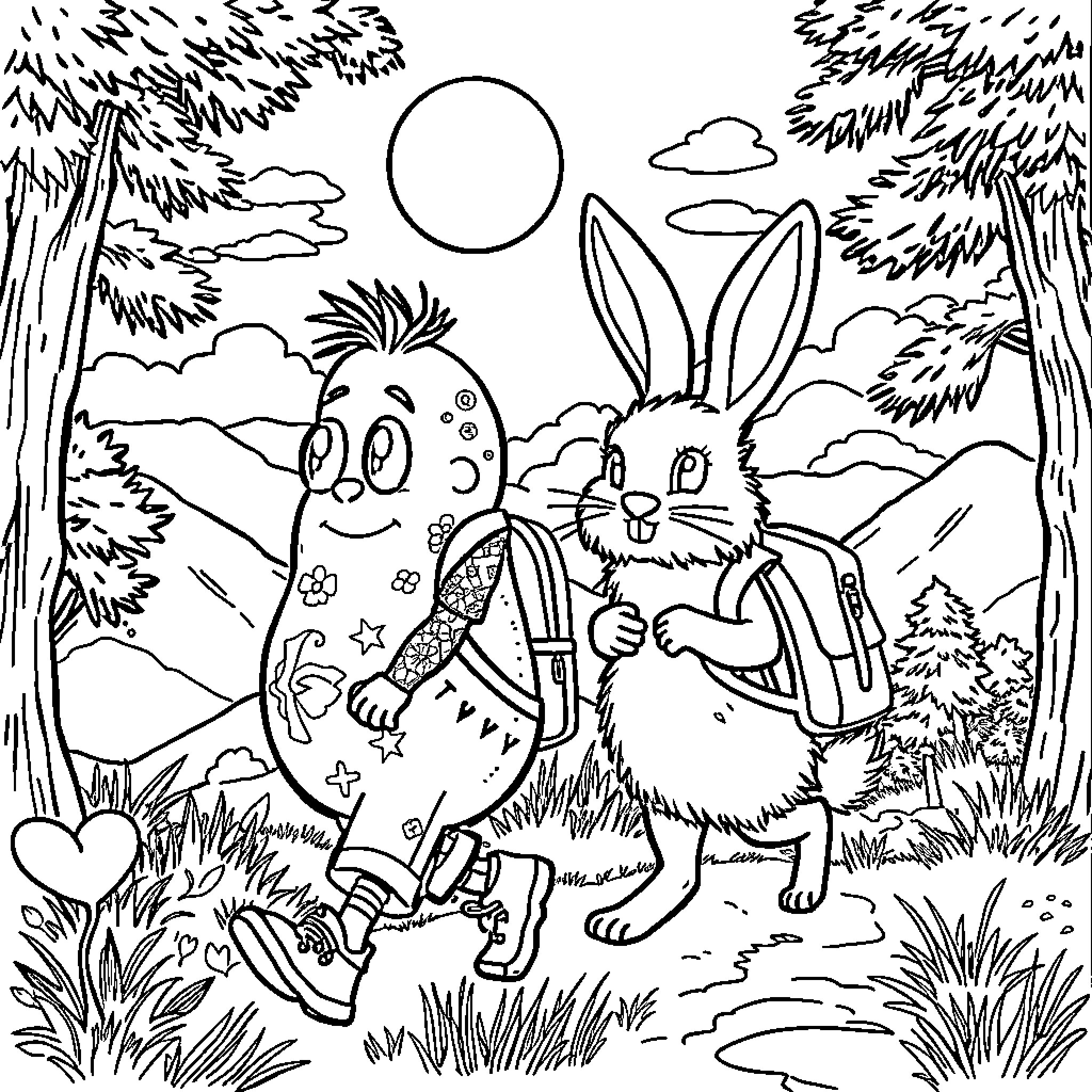 Boy and bunny exploring the forest Coloring Page (free black-and-white line drawing printable PDF for all, from beginners to advanced learners, including children, teens, adults, and seniors)