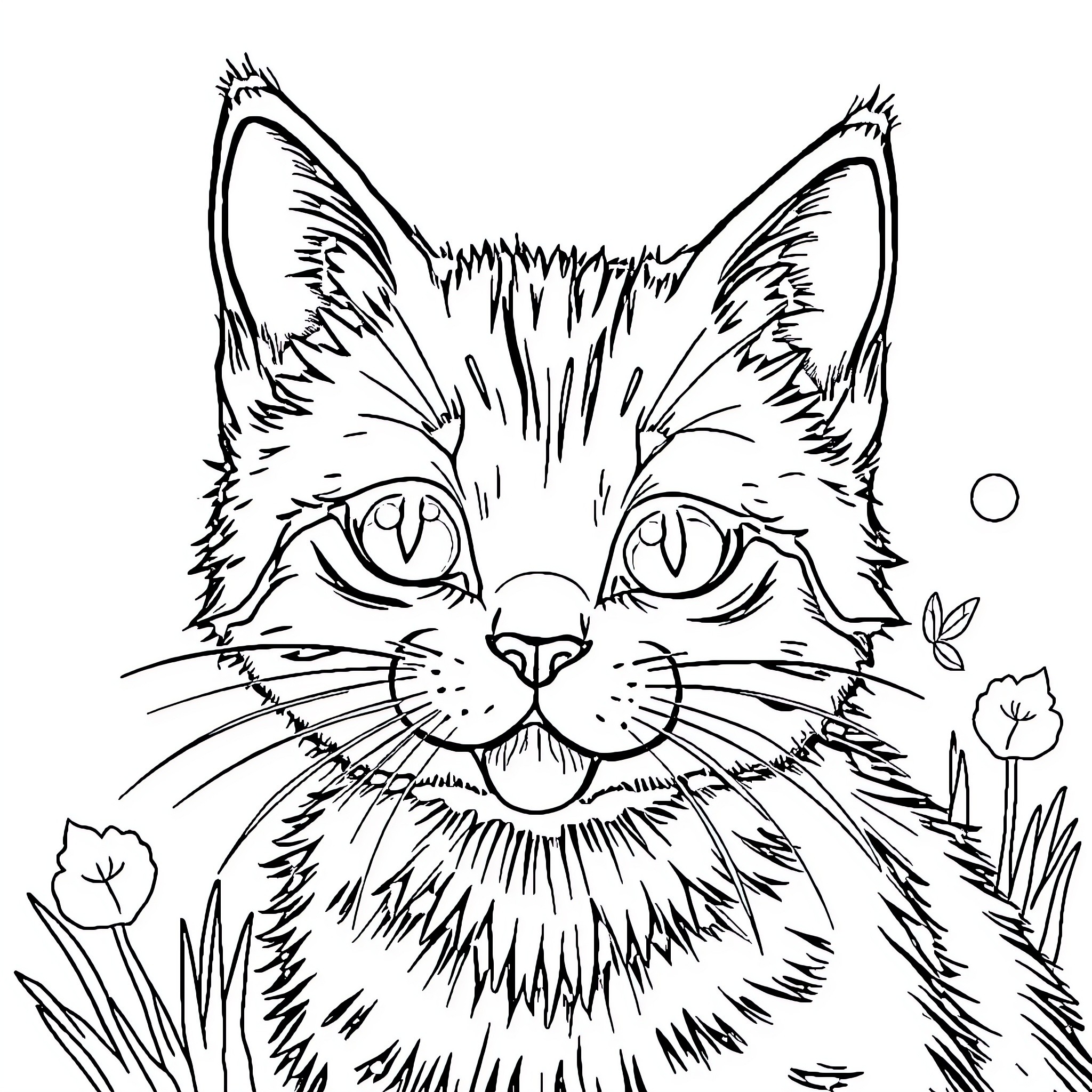 Chat with a curious cat in the garden Coloring Page (free black-and-white line drawing printable PDF for all, from beginners to advanced learners, including children, teens, adults, and seniors)