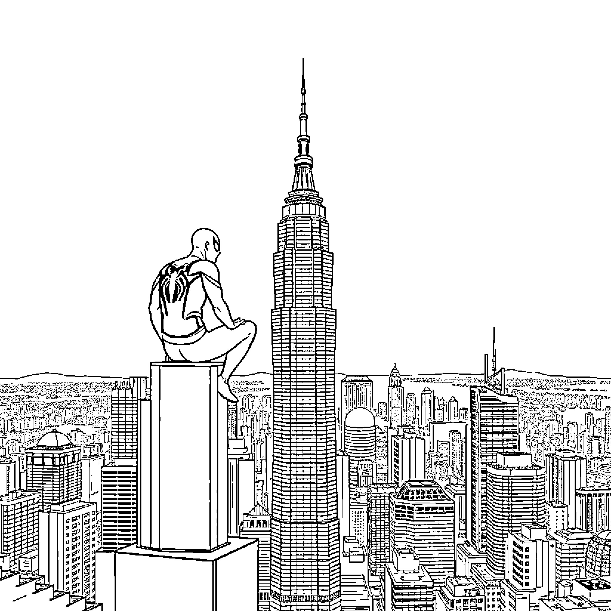 Spiderman overlooking the city skyline Coloring Page (free black-and-white line drawing printable PDF for all, from beginners to advanced learners, including children, teens, adults, and seniors)