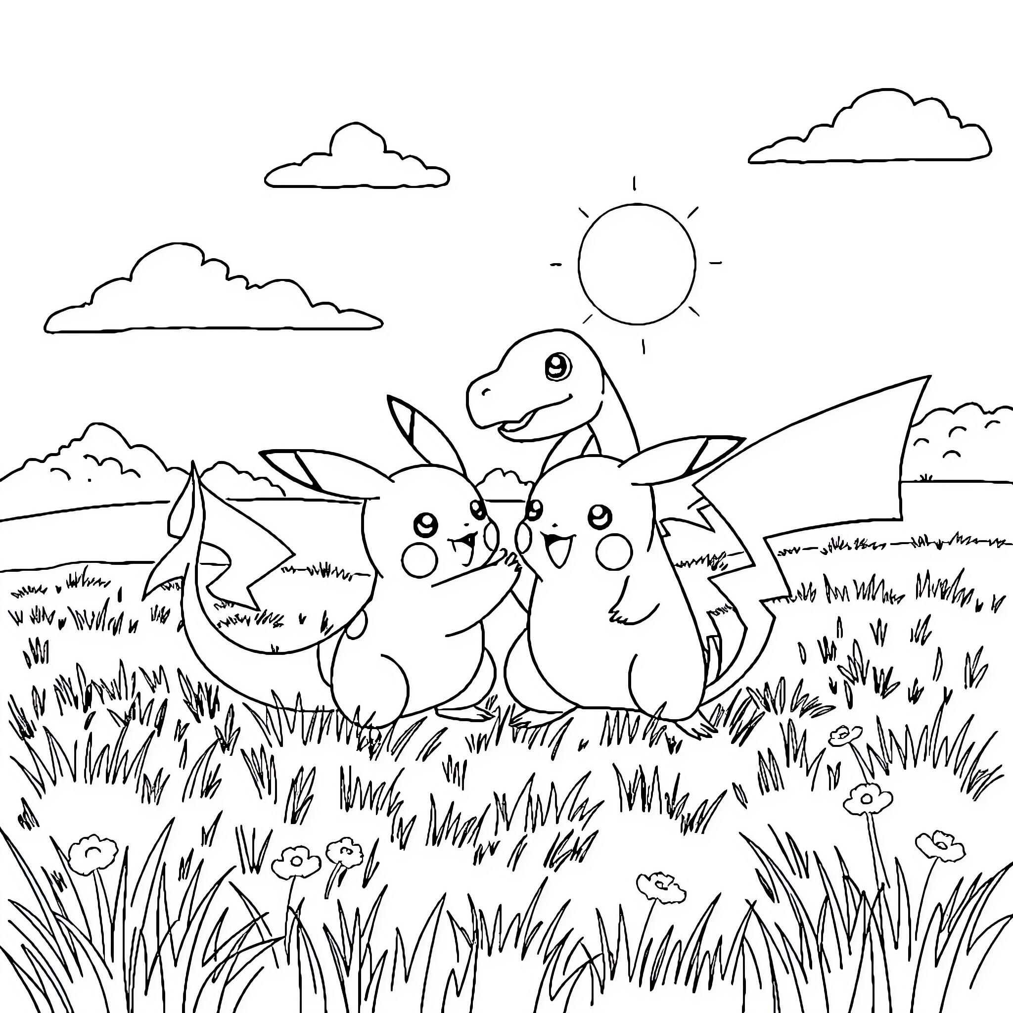 Pikachu and Friends Enjoying the Outdoors Coloring Page (free black-and-white line drawing printable PDF for all, from beginners to advanced learners, including children, teens, adults, and seniors)