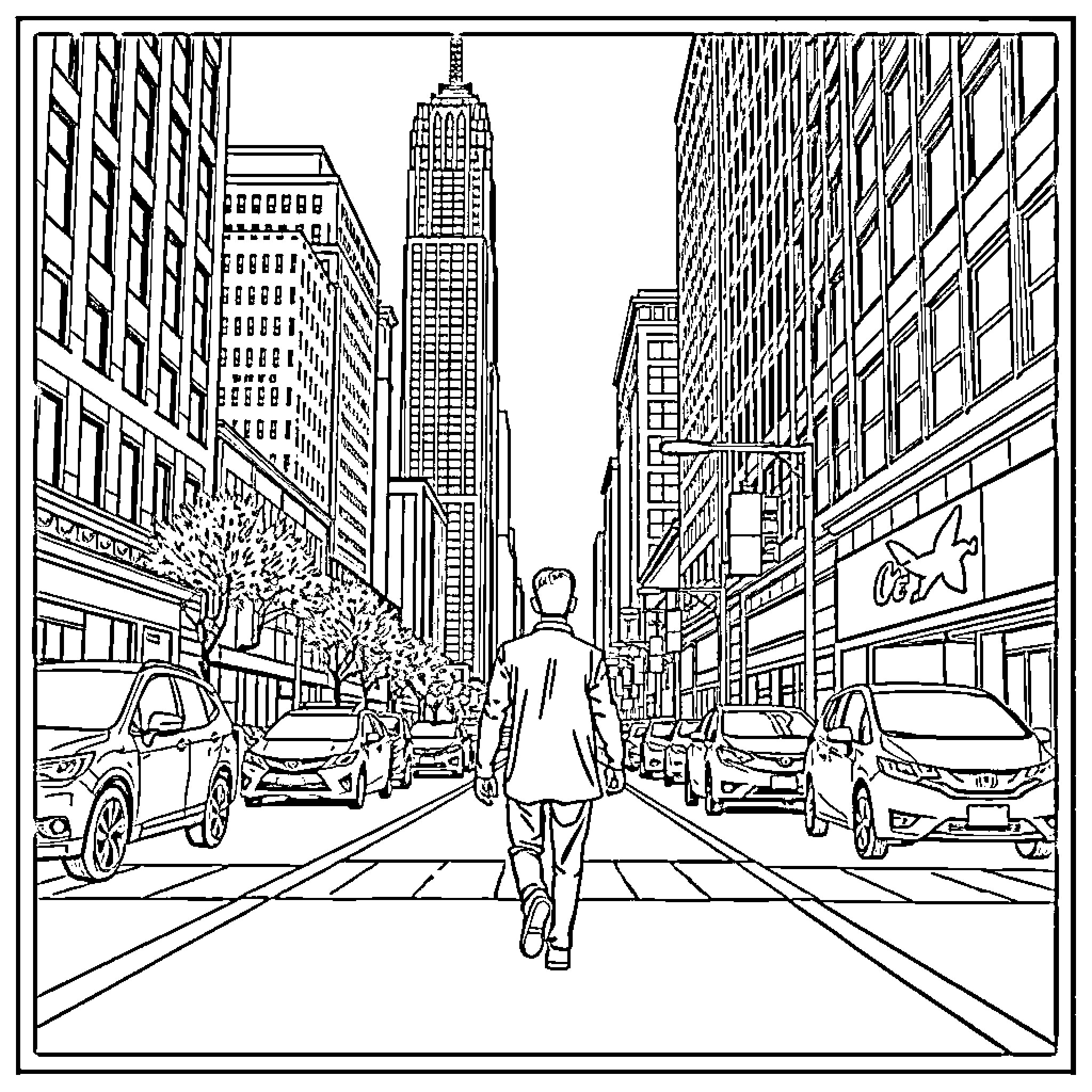 Man walking through busy city streets Coloring Page (free black-and-white line drawing printable PDF for all, from beginners to advanced learners, including children, teens, adults, and seniors)