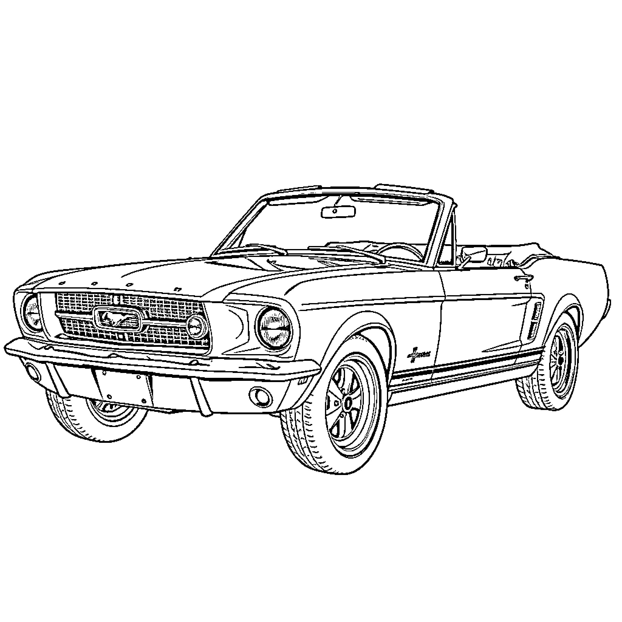 Mustang convertible on the road Coloring Page (free black-and-white line drawing printable PDF for all, from beginners to advanced learners, including children, teens, adults, and seniors)