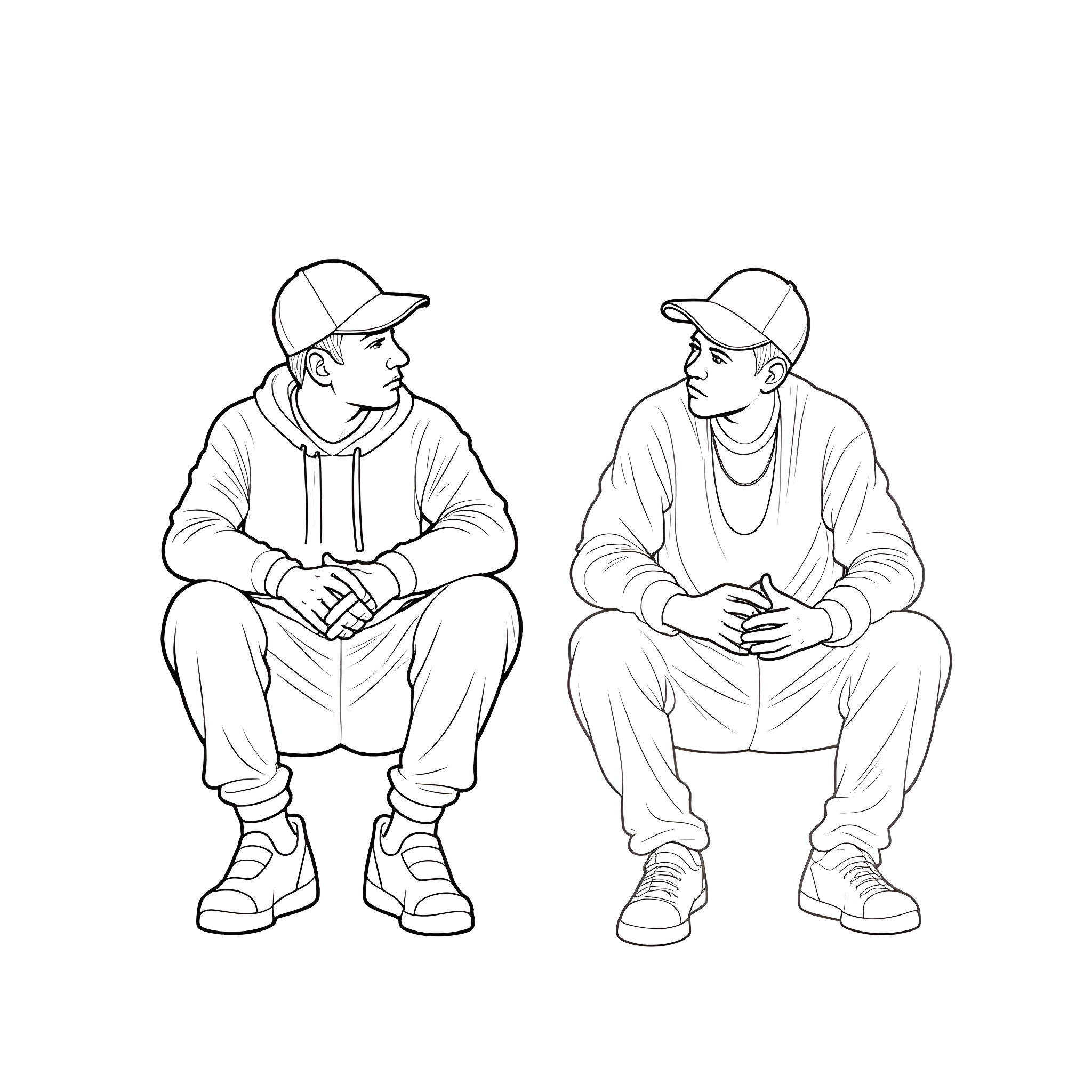 Eminem relaxing and conversing with a companion Coloring Page (free black-and-white line drawing printable PDF for all, from beginners to advanced learners, including children, teens, adults, and seniors)