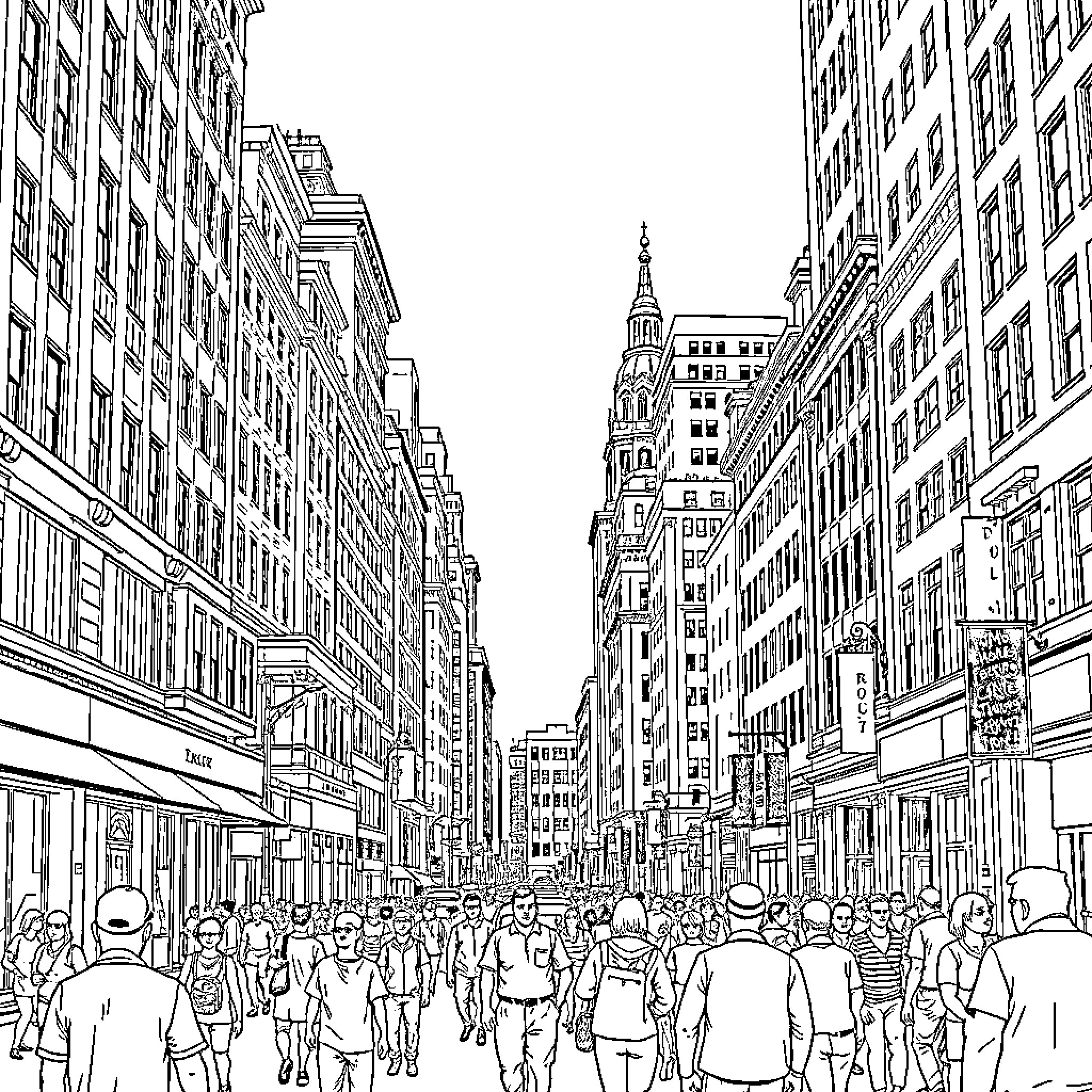 Philadelphia Cityscape with Bustling Crowd and Towering Architecture Coloring Page (free black-and-white line drawing printable PDF for all, from beginners to advanced learners, including children, teens, adults, and seniors)