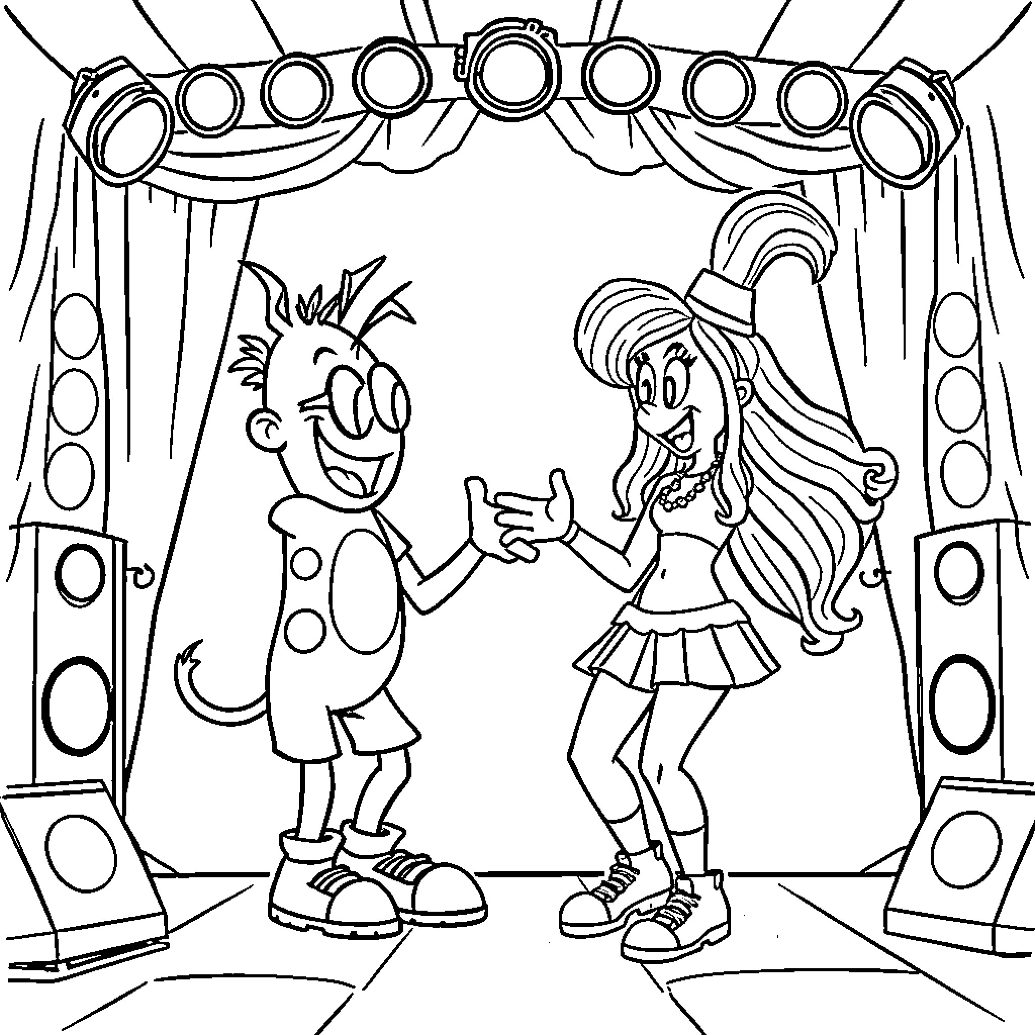 Blippi Performing with a Cheerful Companion on Stage Coloring Page (free black-and-white line drawing printable PDF for all, from beginners to advanced learners, including children, teens, adults, and seniors)