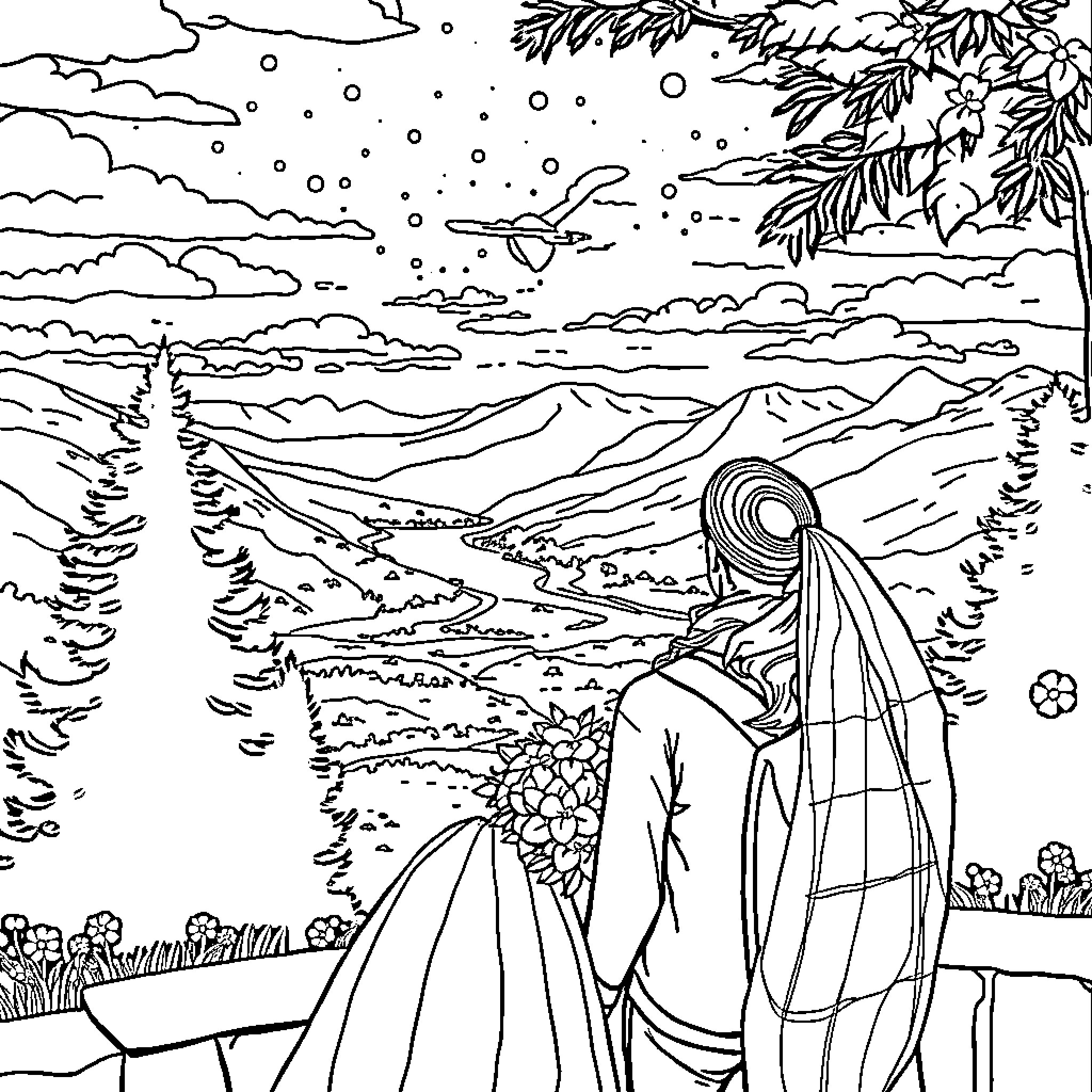 Novios enjoying scenic winter landscape Coloring Page (free black-and-white line drawing printable PDF for all, from beginners to advanced learners, including children, teens, adults, and seniors)
