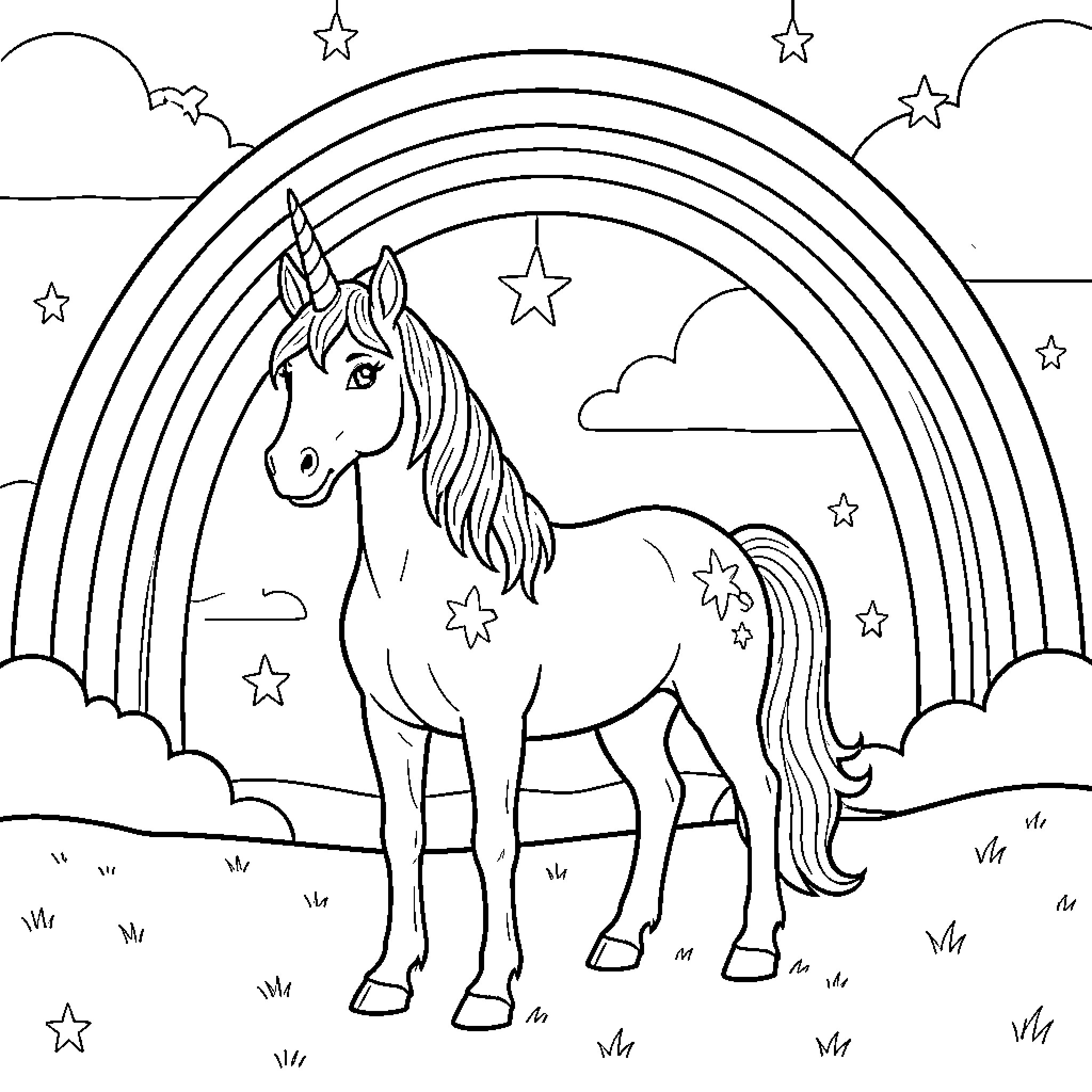 Unicorn standing under a colorful rainbow Coloring Page (free black-and-white line drawing printable PDF for all, from beginners to advanced learners, including children, teens, adults, and seniors)