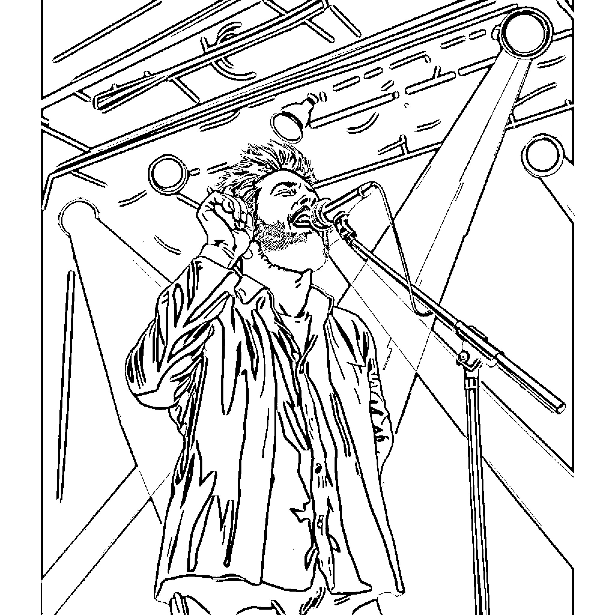 Hozier performing on stage with passion Coloring Page (free black-and-white line drawing printable PDF for all, from beginners to advanced learners, including children, teens, adults, and seniors)
