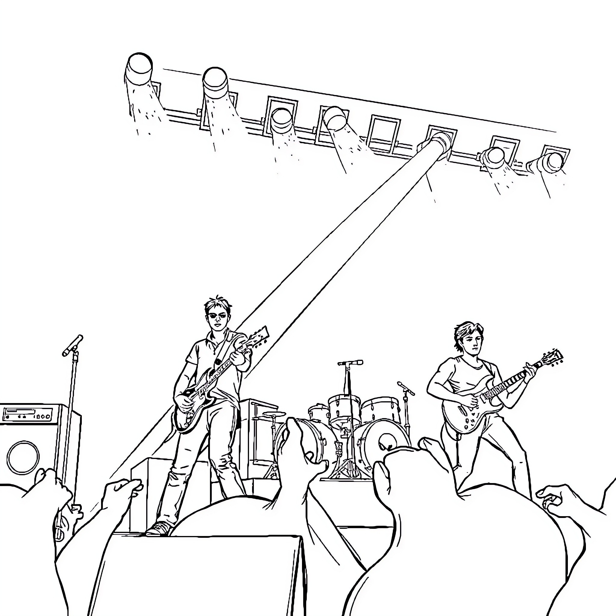 Anberlin performing on stage with musicians Coloring Page (free black-and-white line drawing printable PDF for all, from beginners to advanced learners, including children, teens, adults, and seniors)