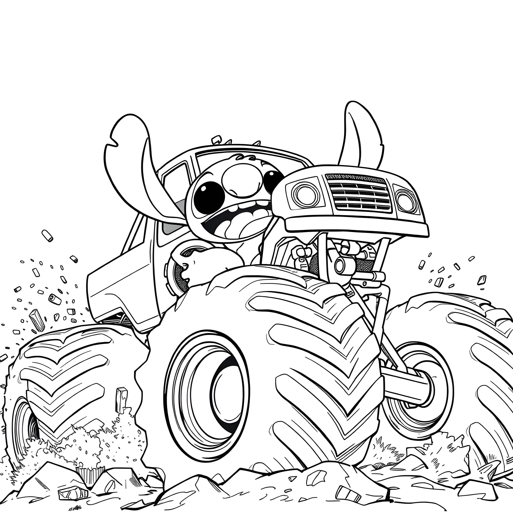 Stitch driving a monster truck through the wilderness Coloring Page (free black-and-white line drawing printable PDF for all, from beginners to advanced learners, including children, teens, adults, and seniors)