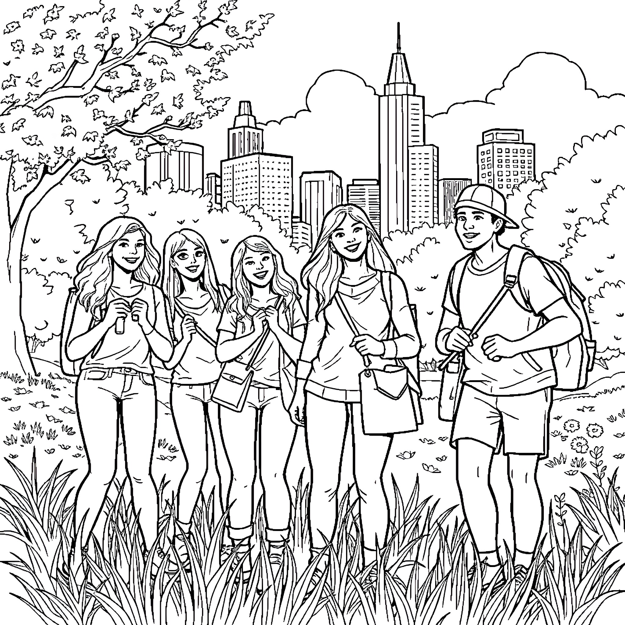 Geojengi group exploring the city skyline Coloring Page (free black-and-white line drawing printable PDF for all, from beginners to advanced learners, including children, teens, adults, and seniors)