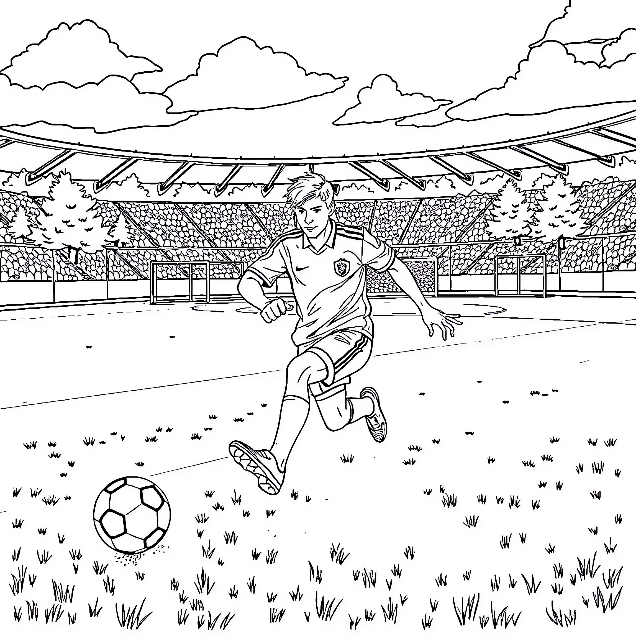 Dexter playing soccer in a stadium field Coloring Page (free black-and-white line drawing printable PDF for all, from beginners to advanced learners, including children, teens, adults, and seniors)