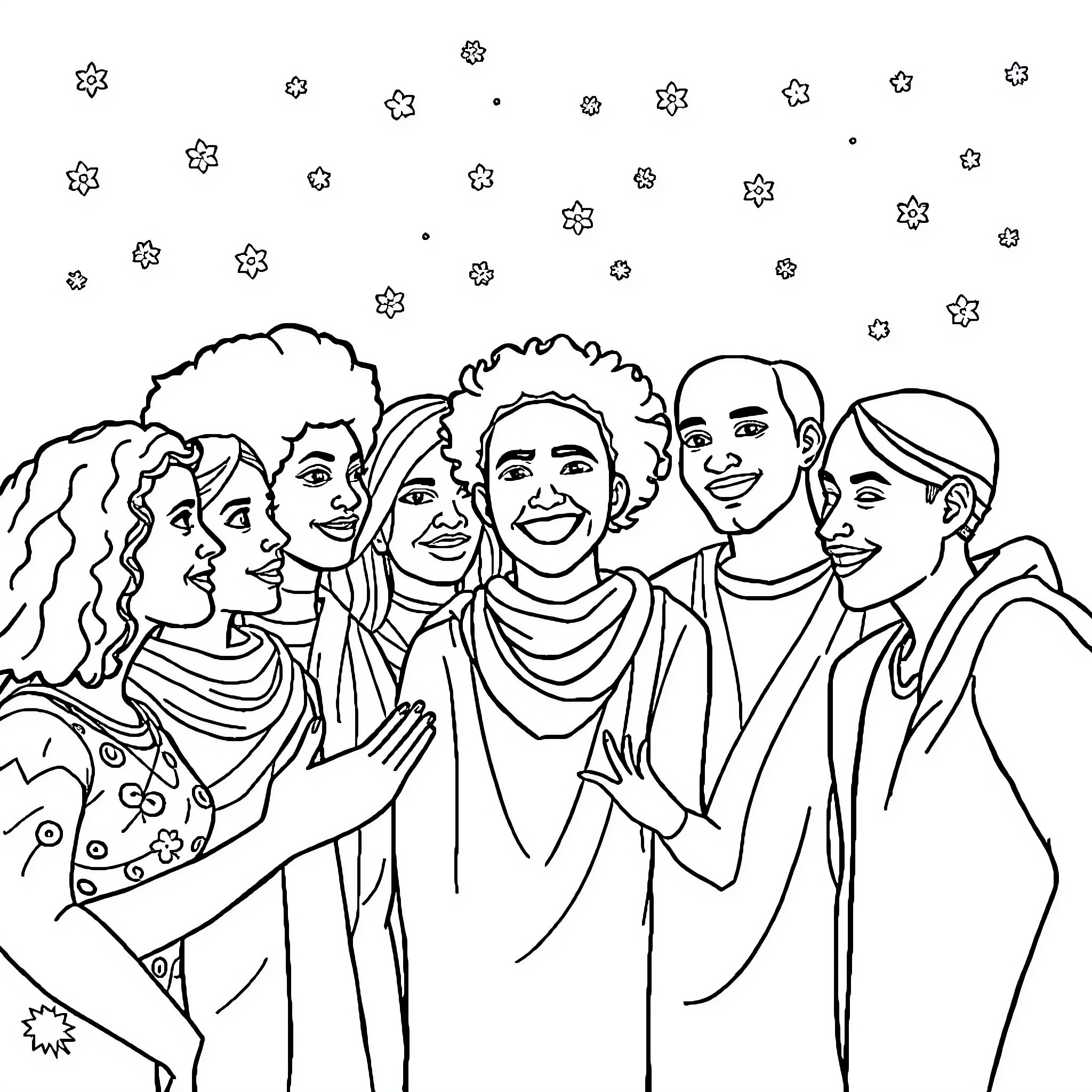 Diversity in Community Celebration Coloring Page (free black-and-white line drawing printable PDF for all, from beginners to advanced learners, including children, teens, adults, and seniors)