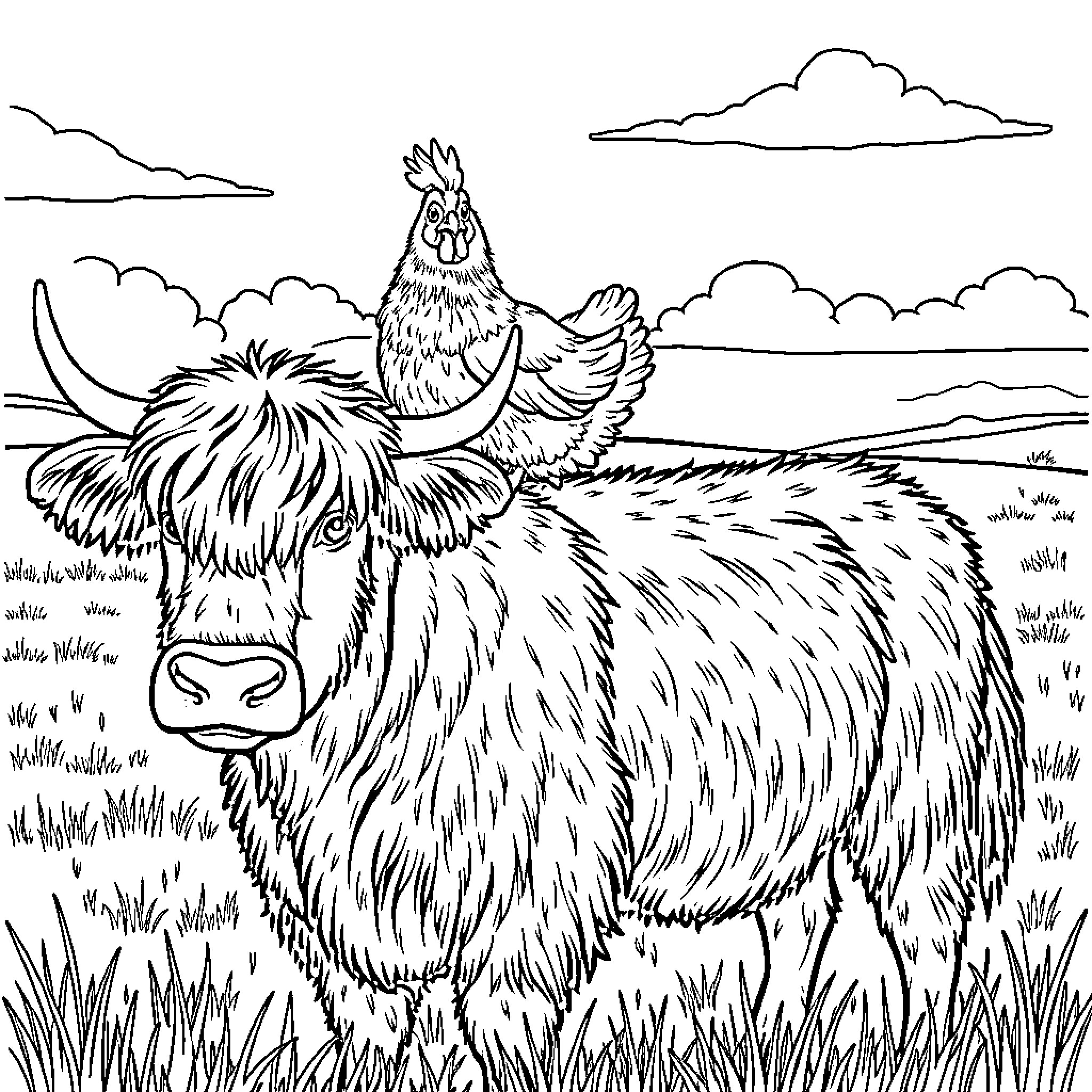 Chicken perched atop fluffy bovine in rural scene Coloring Page (free black-and-white line drawing printable PDF for all, from beginners to advanced learners, including children, teens, adults, and seniors)