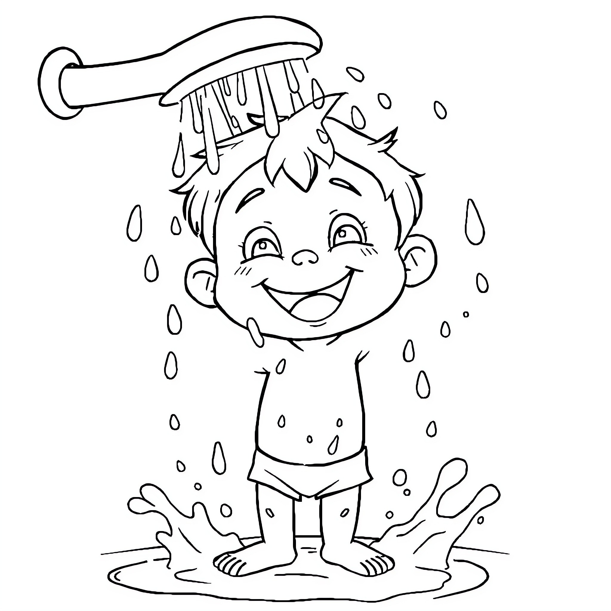 Kid enjoying shower of water from faucet Coloring Page (free black-and-white line drawing printable PDF for all, from beginners to advanced learners, including children, teens, adults, and seniors)